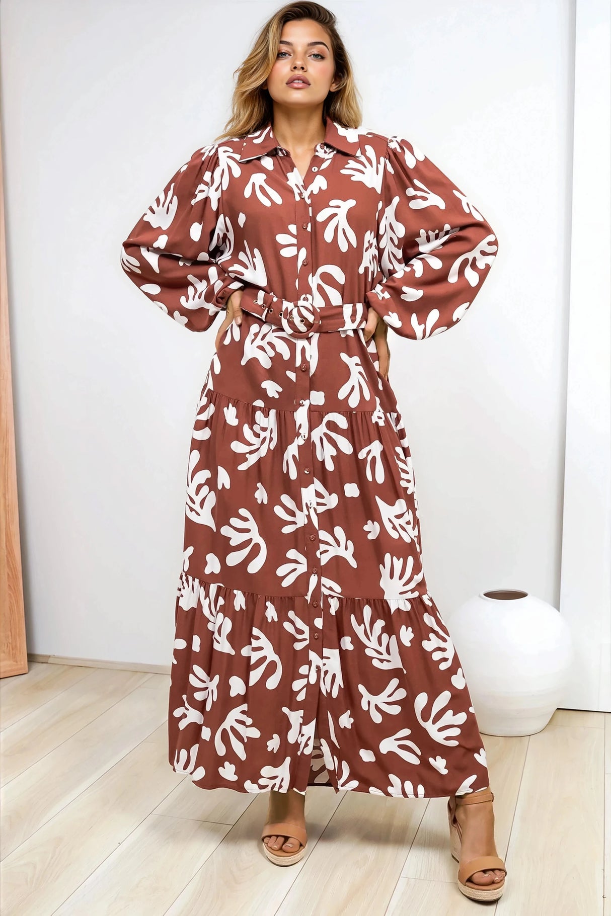 Luxley Maxi Dress - Collared Button Down Shirt Dress with Matching Belt in Stassie Print Brown