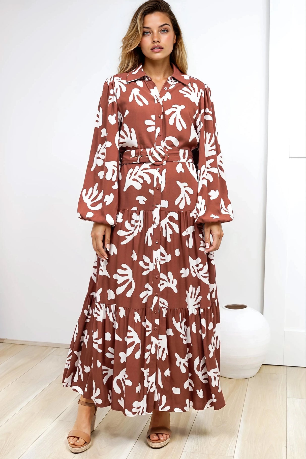 Luxley Maxi Dress - Collared Button Down Shirt Dress with Matching Belt in Stassie Print Brown