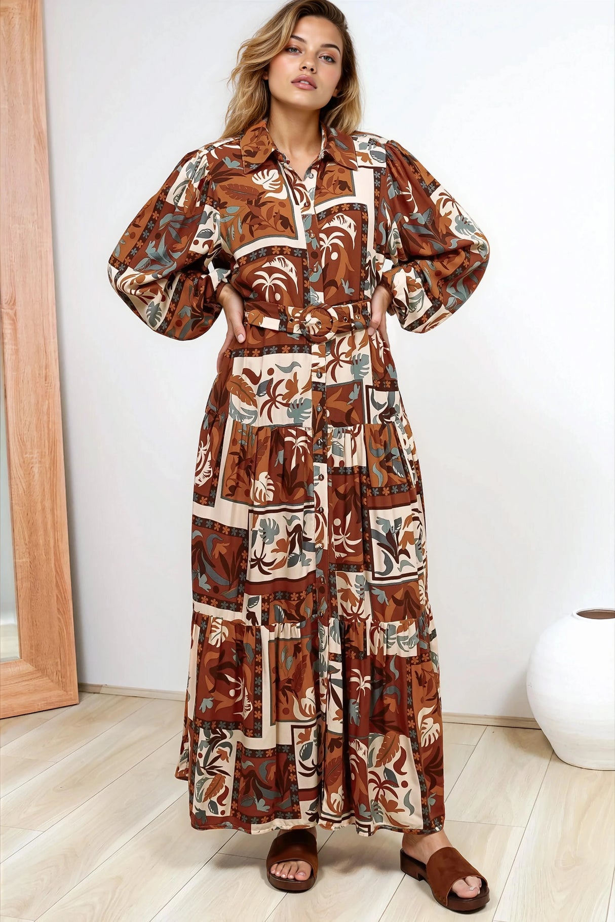 Luxley Maxi Dress - Collared Button Down Shirt Dress with Matching Belt in Jaya Muse Print