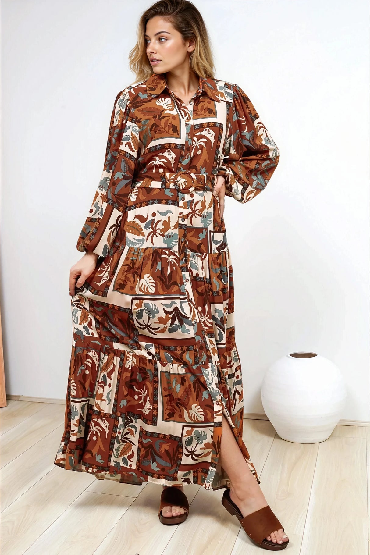 Luxley Maxi Dress - Collared Button Down Shirt Dress with Matching Belt in Jaya Muse Print