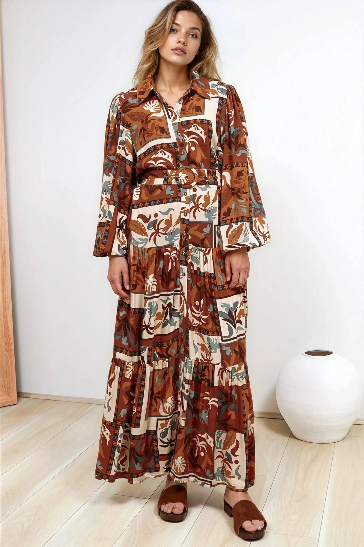 Luxley Maxi Dress - Collared Button Down Shirt Dress with Matching Belt in Jaya Muse Print