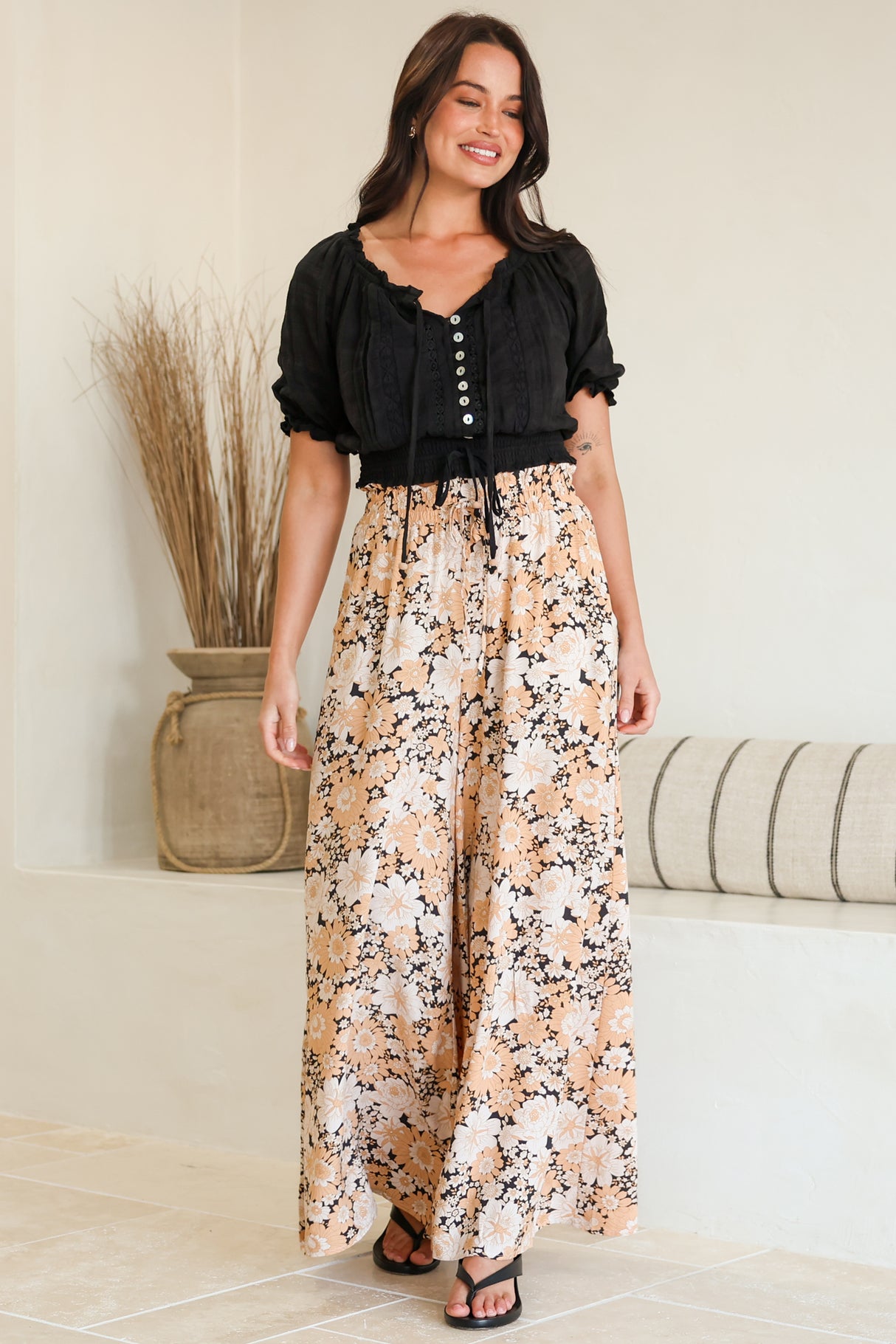 Lyanna Pants Paper Bag High Waisted Wide Leg Pants with Floral Print