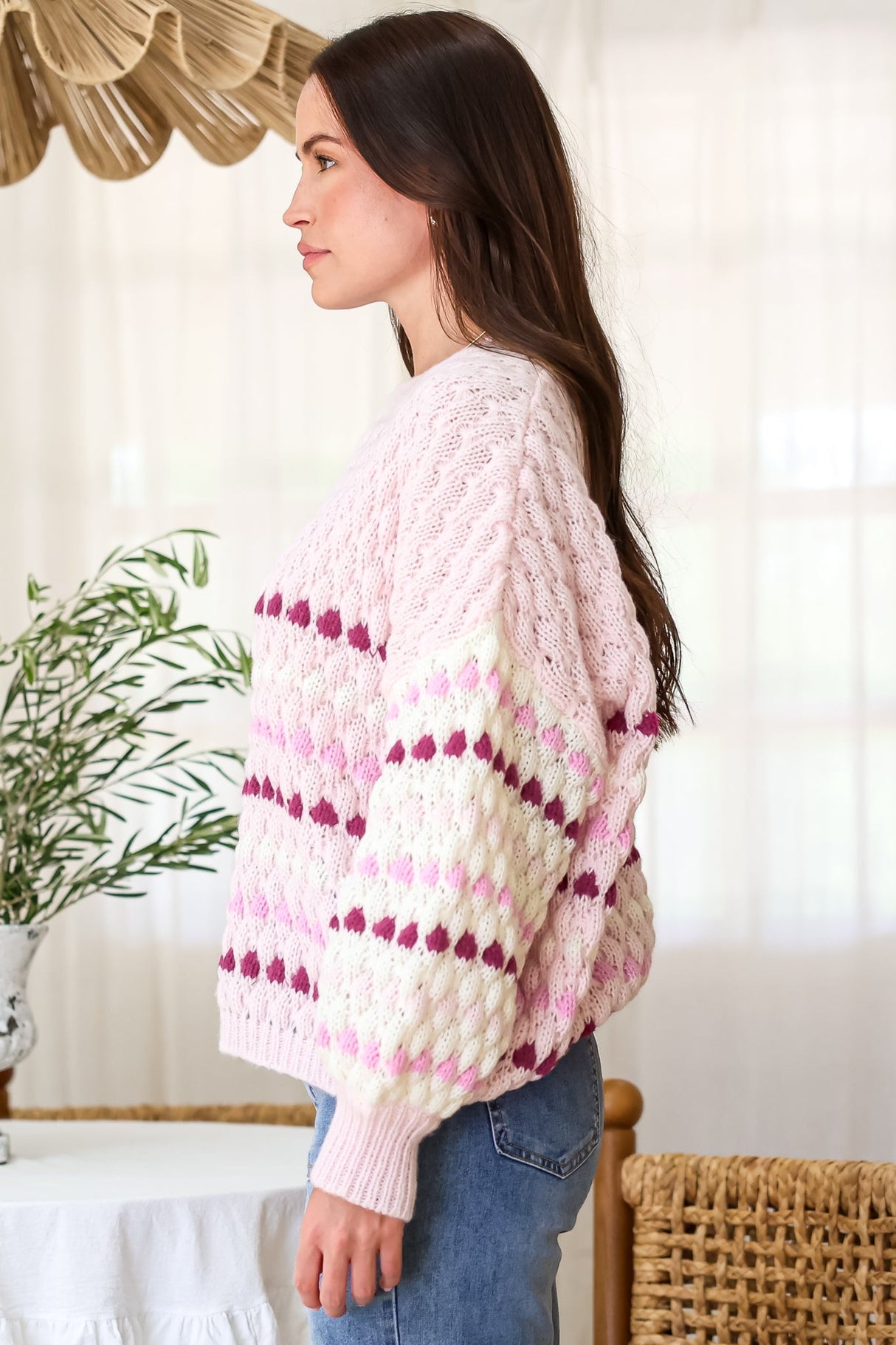 Lyla Jumper - Crew Neck Bubble Knit with Contrast Stripes in Pink