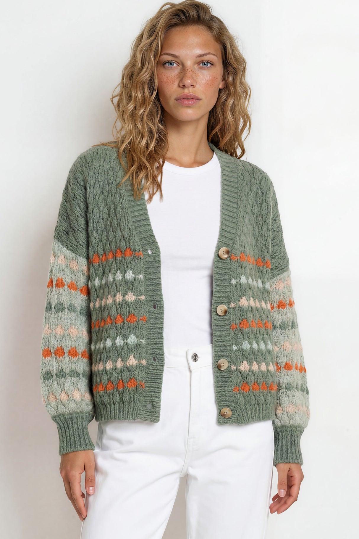 Model wearing Lyla Cardigan in Green from Salty Crush