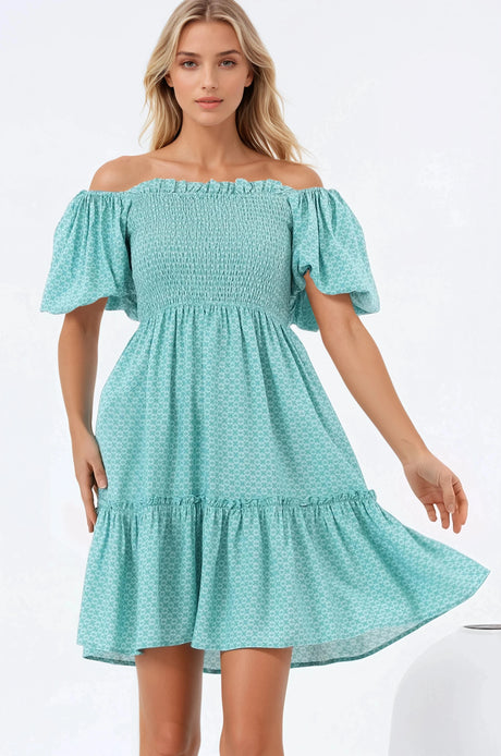 Lyn Mini Dress - On or Off Shoulder Shirred Bodice Mini Dress in Airin Print