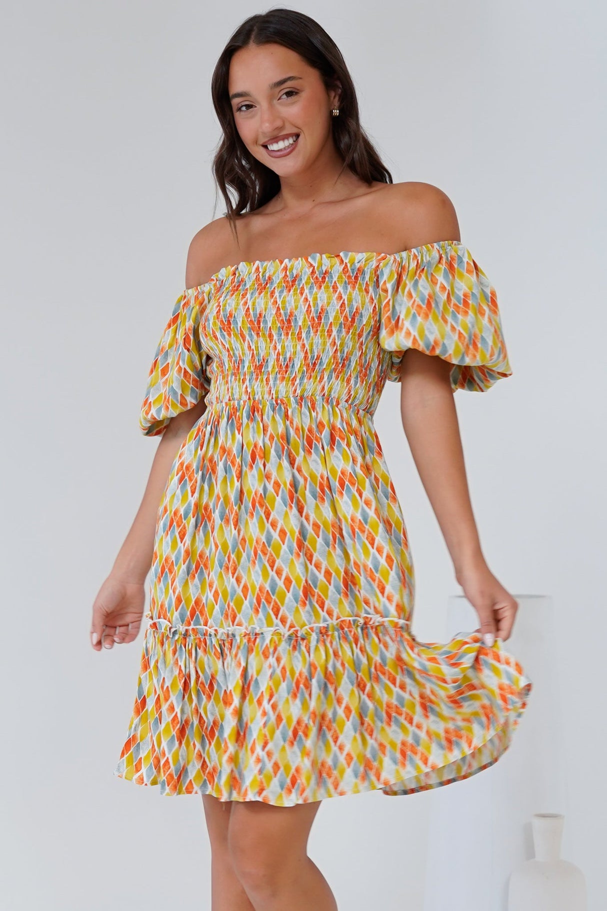 Lyn Mini Dress - On or Off Shoulder Shirred Bodice Mini Dress in Harlequin Print