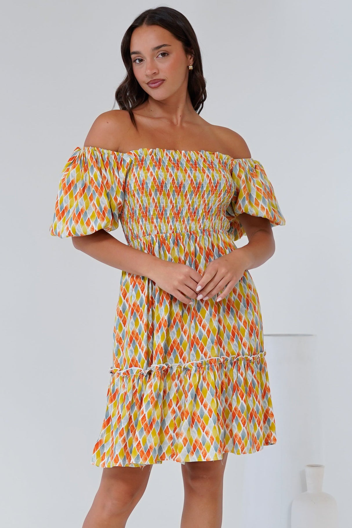 Lyn Mini Dress - On or Off Shoulder Shirred Bodice Mini Dress in Harlequin Print