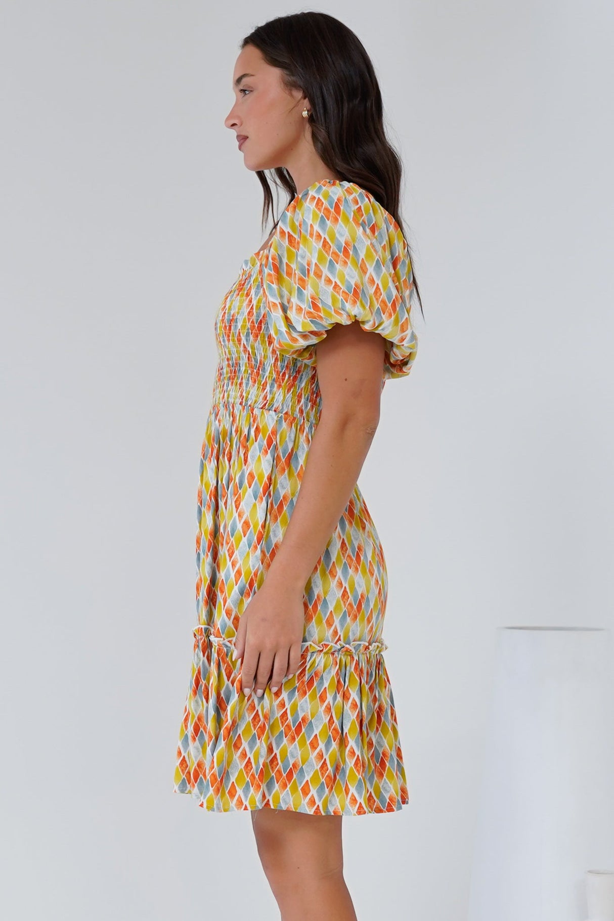 Lyn Mini Dress - On or Off Shoulder Shirred Bodice Mini Dress in Harlequin Print