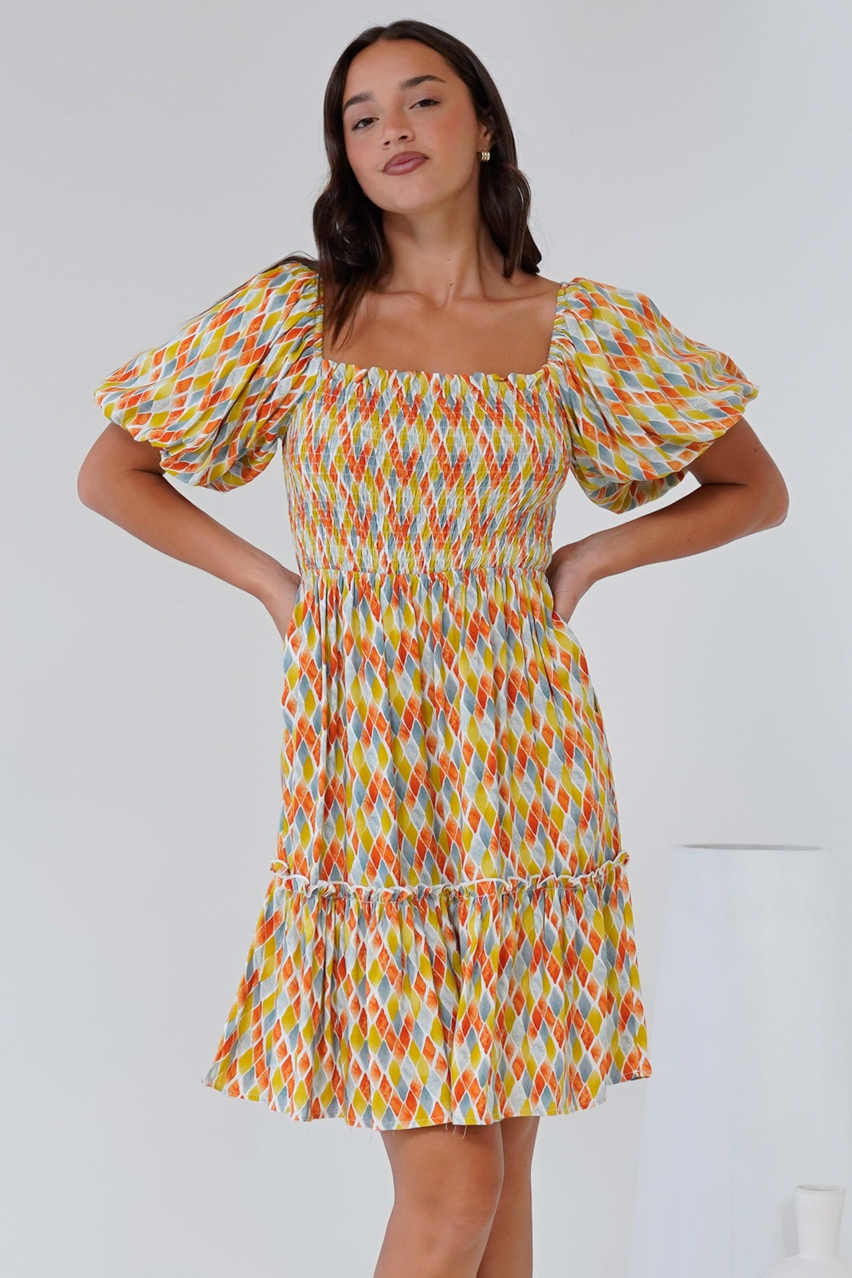 Lyn Mini Dress - On or Off Shoulder Shirred Bodice Mini Dress in Harlequin Print