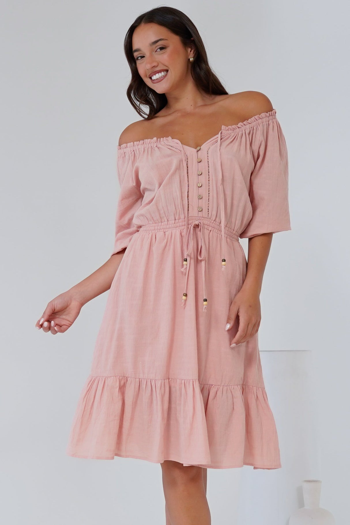 Lyndall Mini Dress - On or Off Shoulder A-Line Dress with Buttoned Bodice in Rose