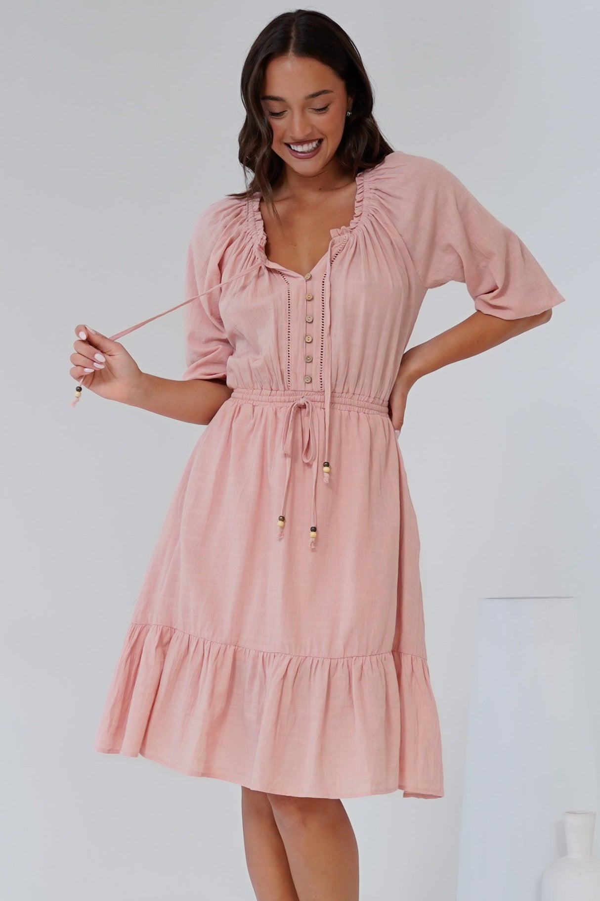 Lyndall Mini Dress - On or Off Shoulder A-Line Dress with Buttoned Bodice in Rose