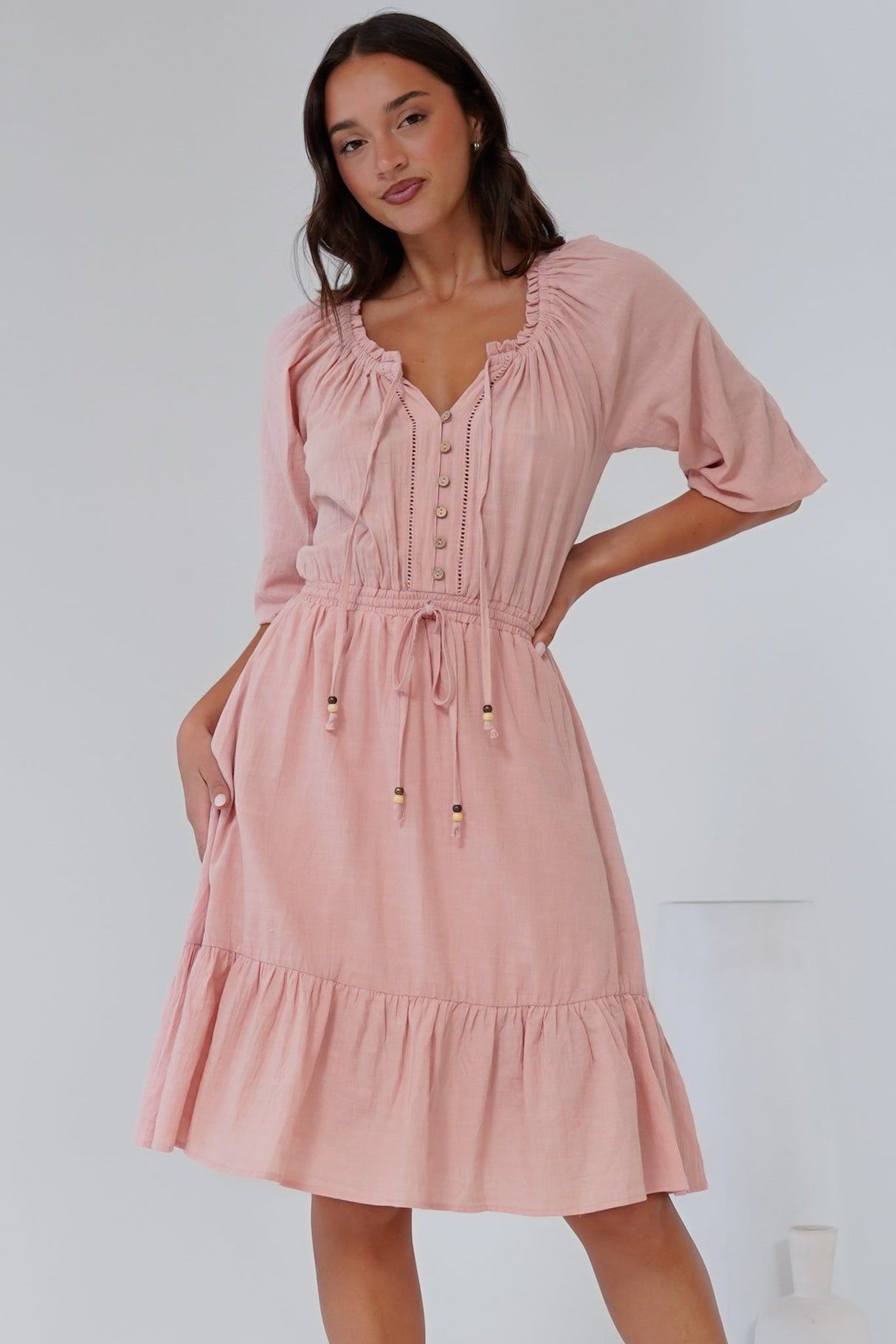 Lyndall Mini Dress - On or Off Shoulder A-Line Dress with Buttoned Bodice in Rose