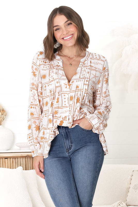 Lynn Blouse - Button Down Smock Top with Long Cuffed Sleeves in Cailan Print White