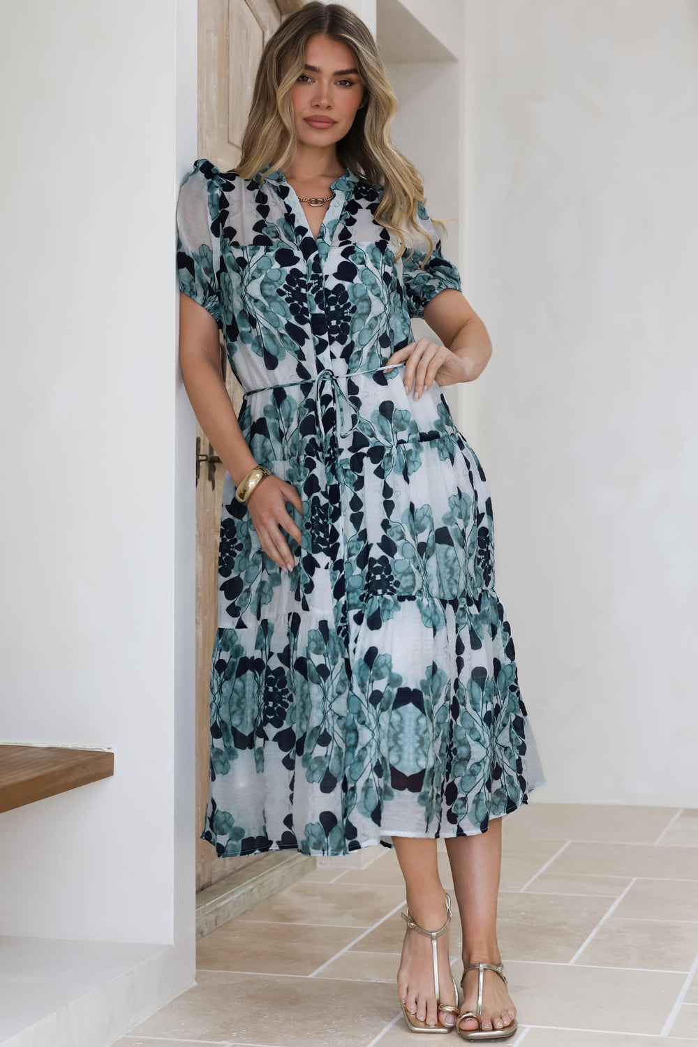 Lysa Midi Dress - Mandarin Collar Button Down Dress with Waist Tie in Calea Print Blue