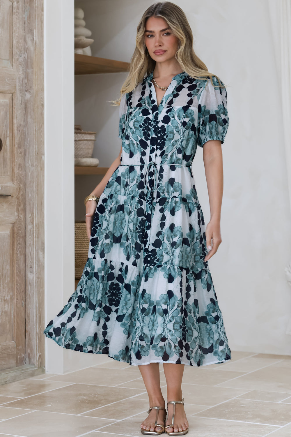 Lysa Midi Dress - Mandarin Collar Button Down Dress with Waist Tie in Calea Print Blue