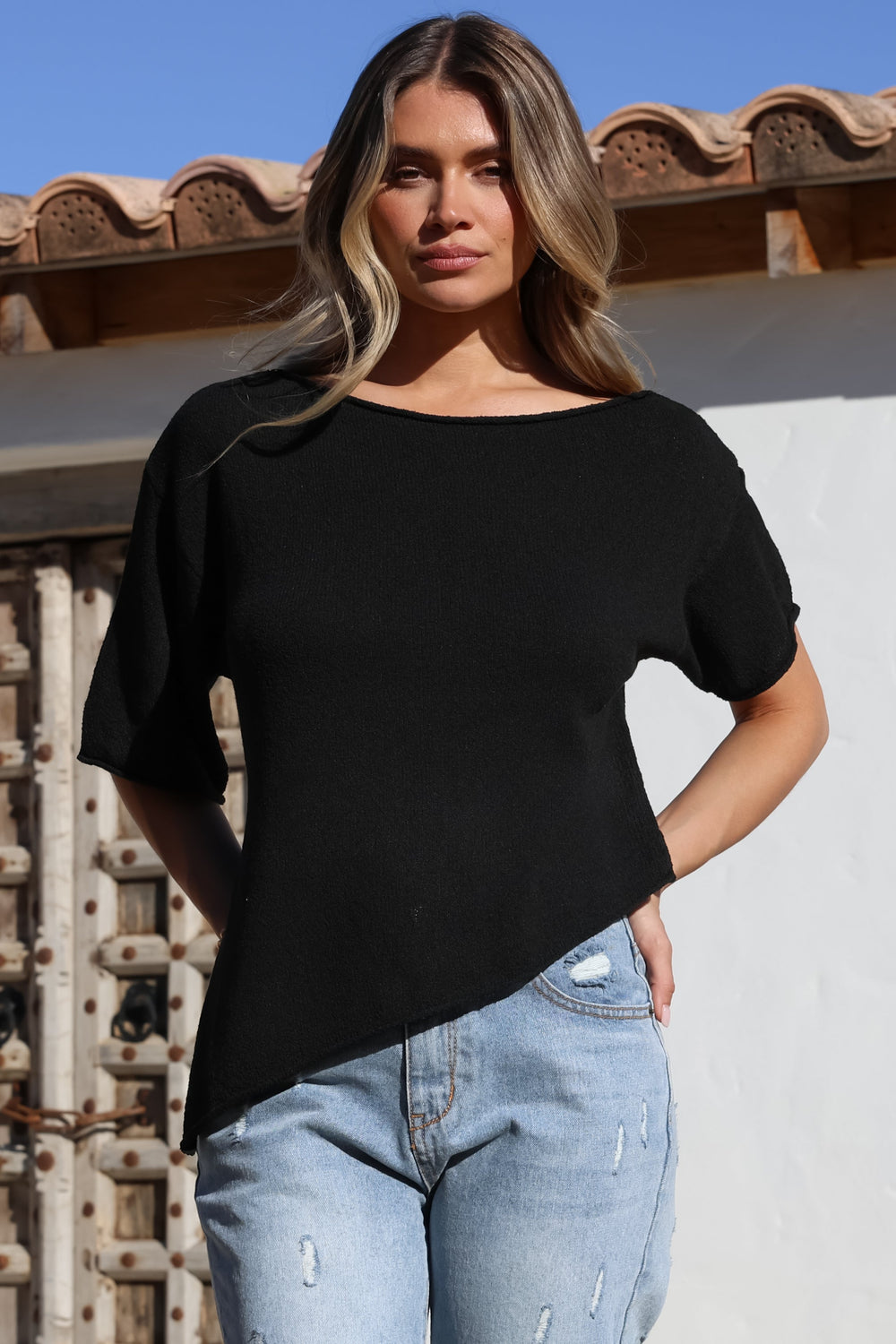 Lysandra Knit Top - Slouchy Asymmetrical Neckline Top in Black