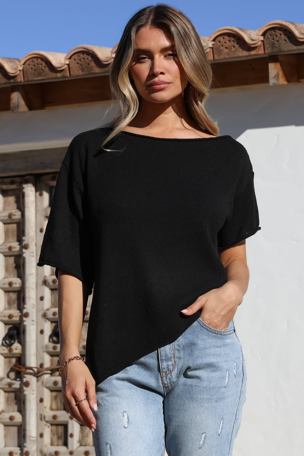 Lysandra Knit Top - Slouchy Asymmetrical Neckline Top in Black