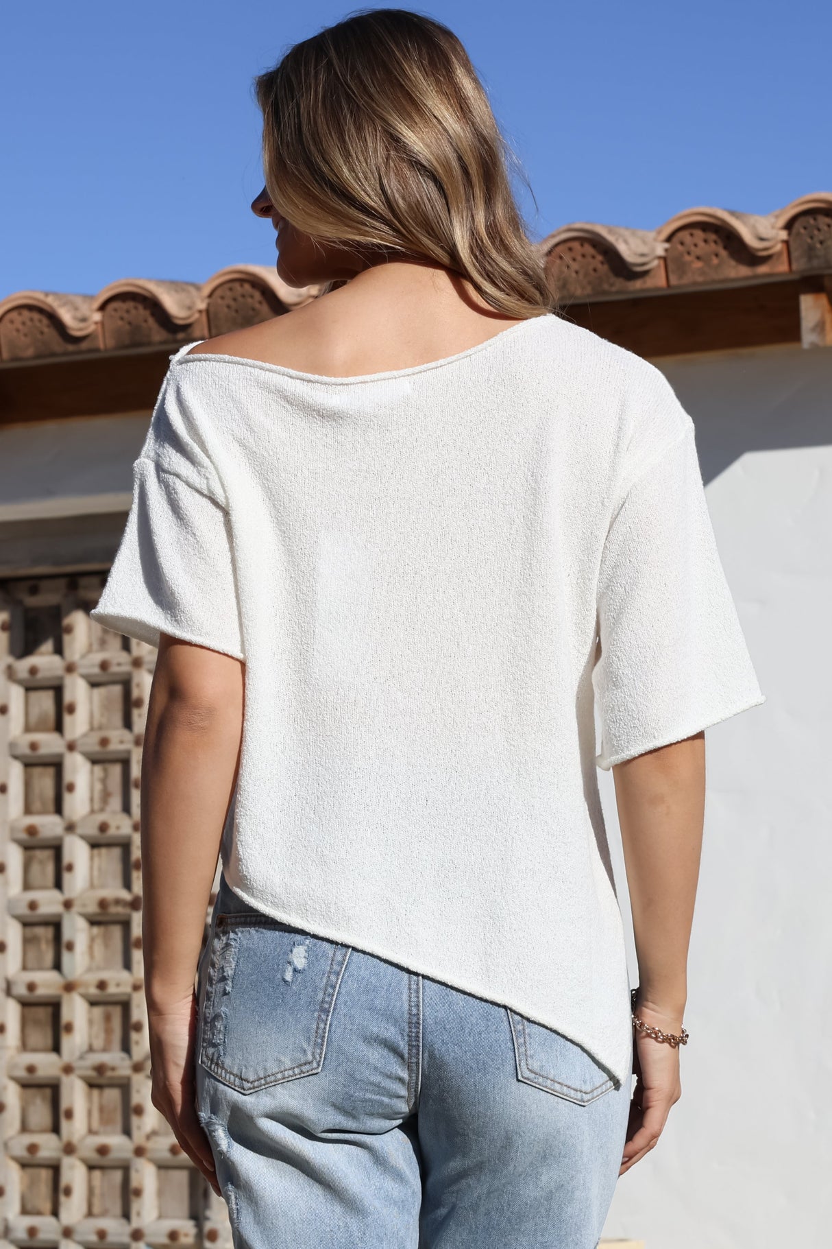 Lysandra Knit Top - Slouchy Asymmetrical Neckline Top in White