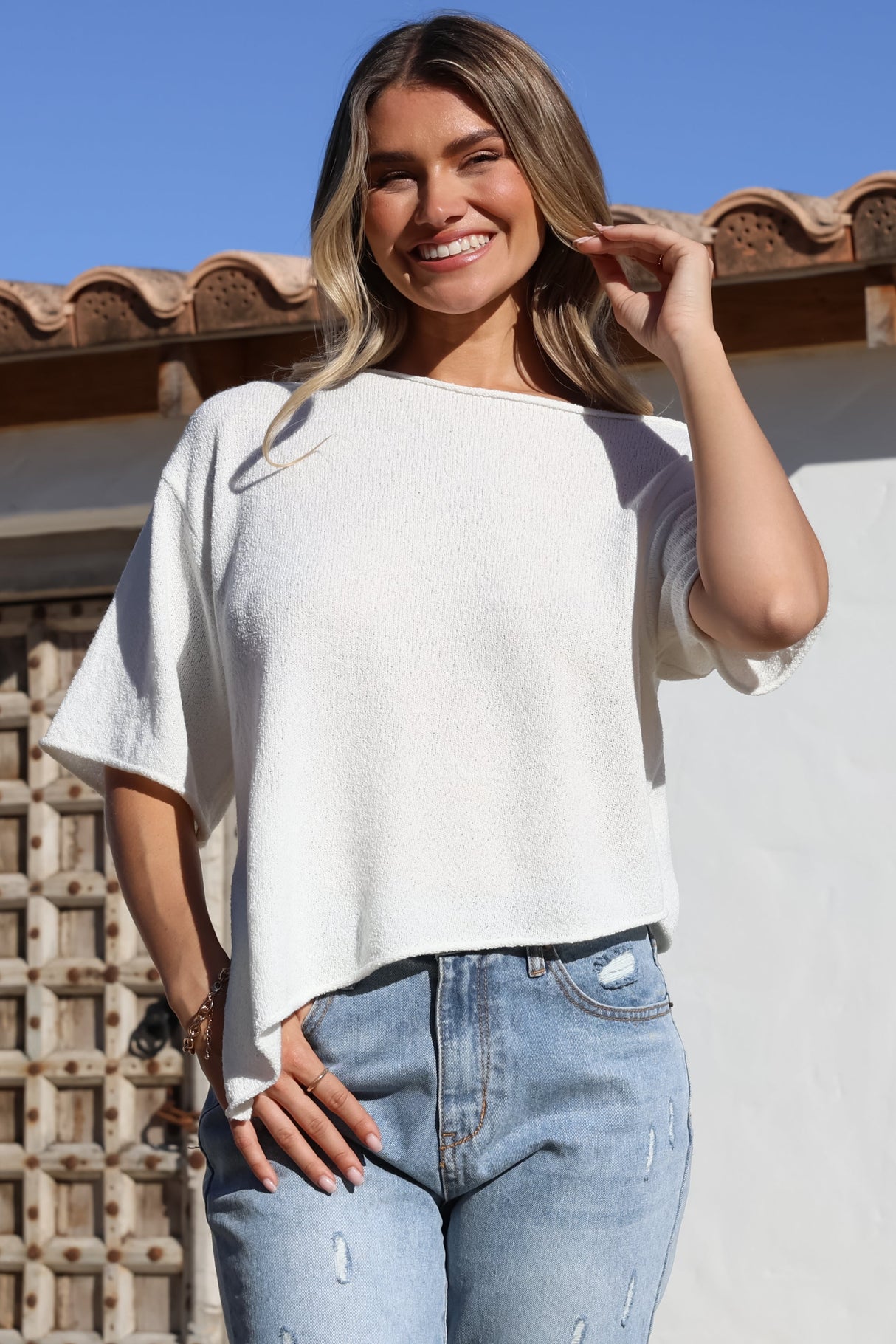 Lysandra Knit Top - Slouchy Asymmetrical Neckline Top in White