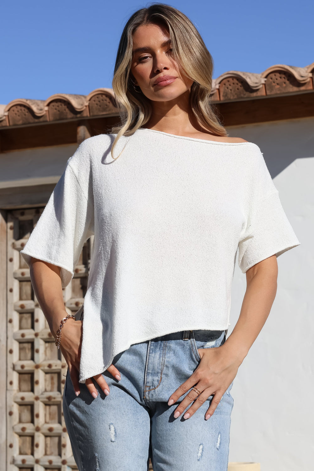 Lysandra Knit Top - Slouchy Asymmetrical Neckline Top in White