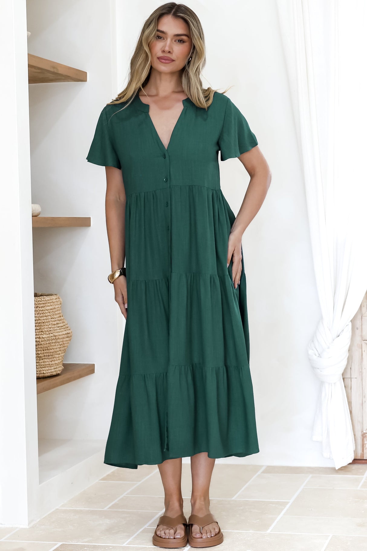 Milla Midi Dress - Tiered Cap Sleeve Button Down Linen Dress in Emerald