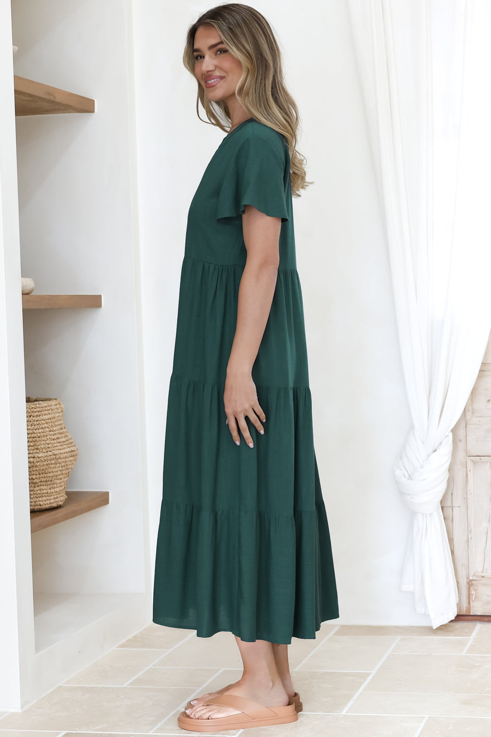 Milla Midi Dress - Tiered Cap Sleeve Button Down Linen Dress in Emerald