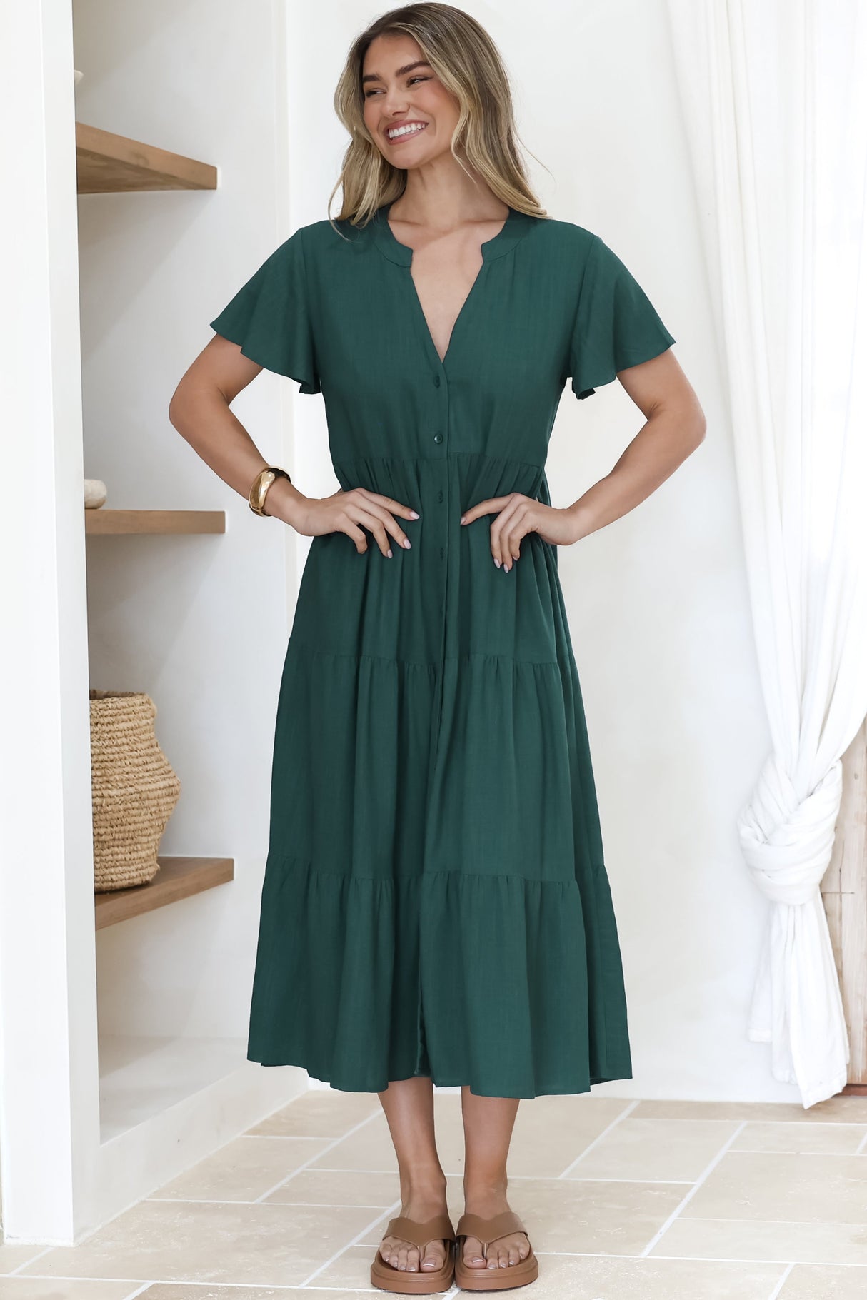 Milla Midi Dress - Tiered Cap Sleeve Button Down Linen Dress in Emerald