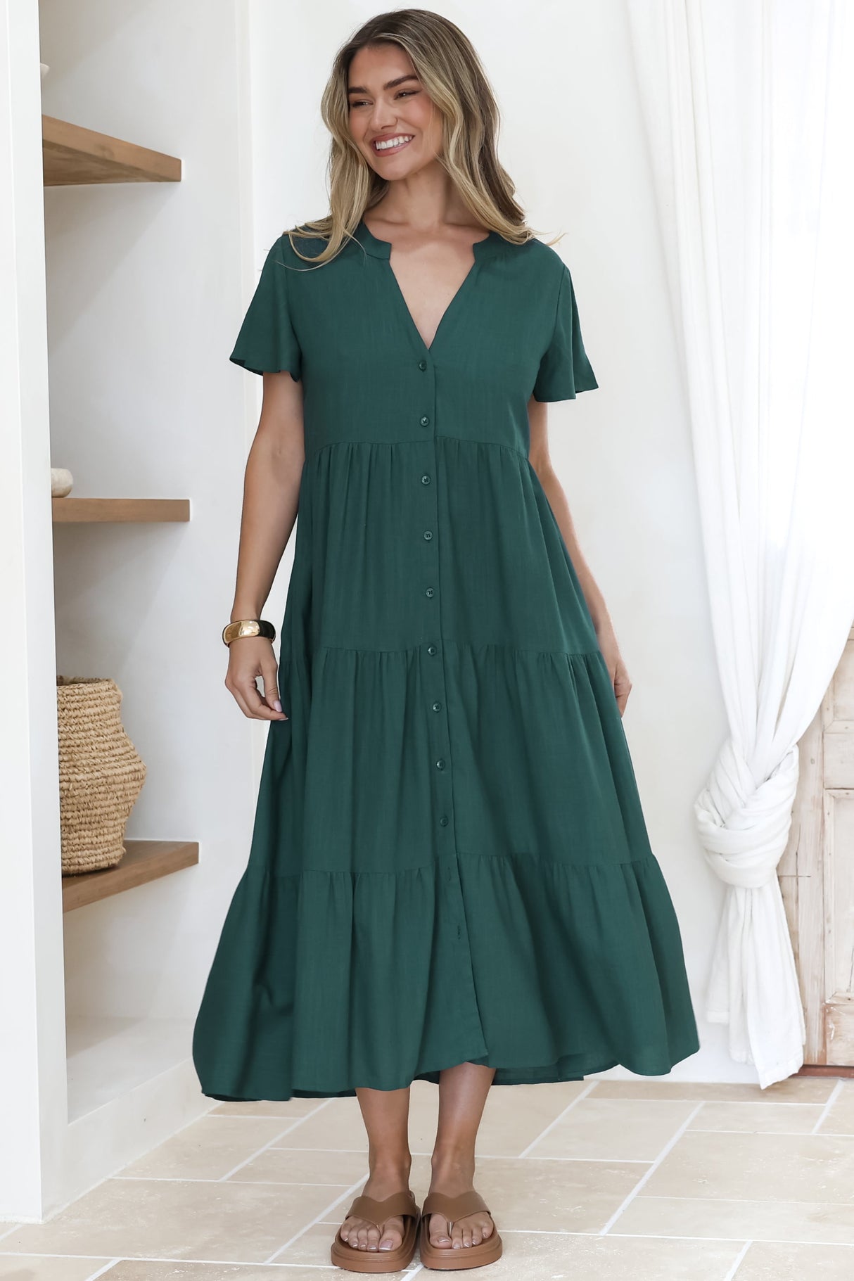 Milla Midi Dress - Tiered Cap Sleeve Button Down Linen Dress in Emerald