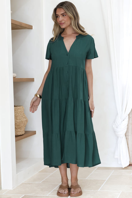 Milla Midi Dress - Tiered Cap Sleeve Button Down Linen Dress in Emerald