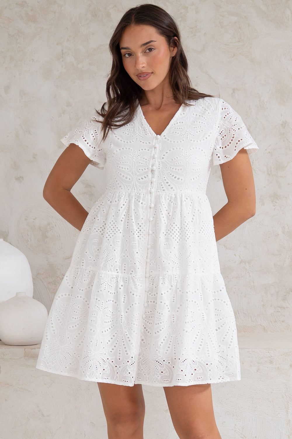 Marcy Mini Dress - Embroidered Button Down Dress with Cap Sleeves in White