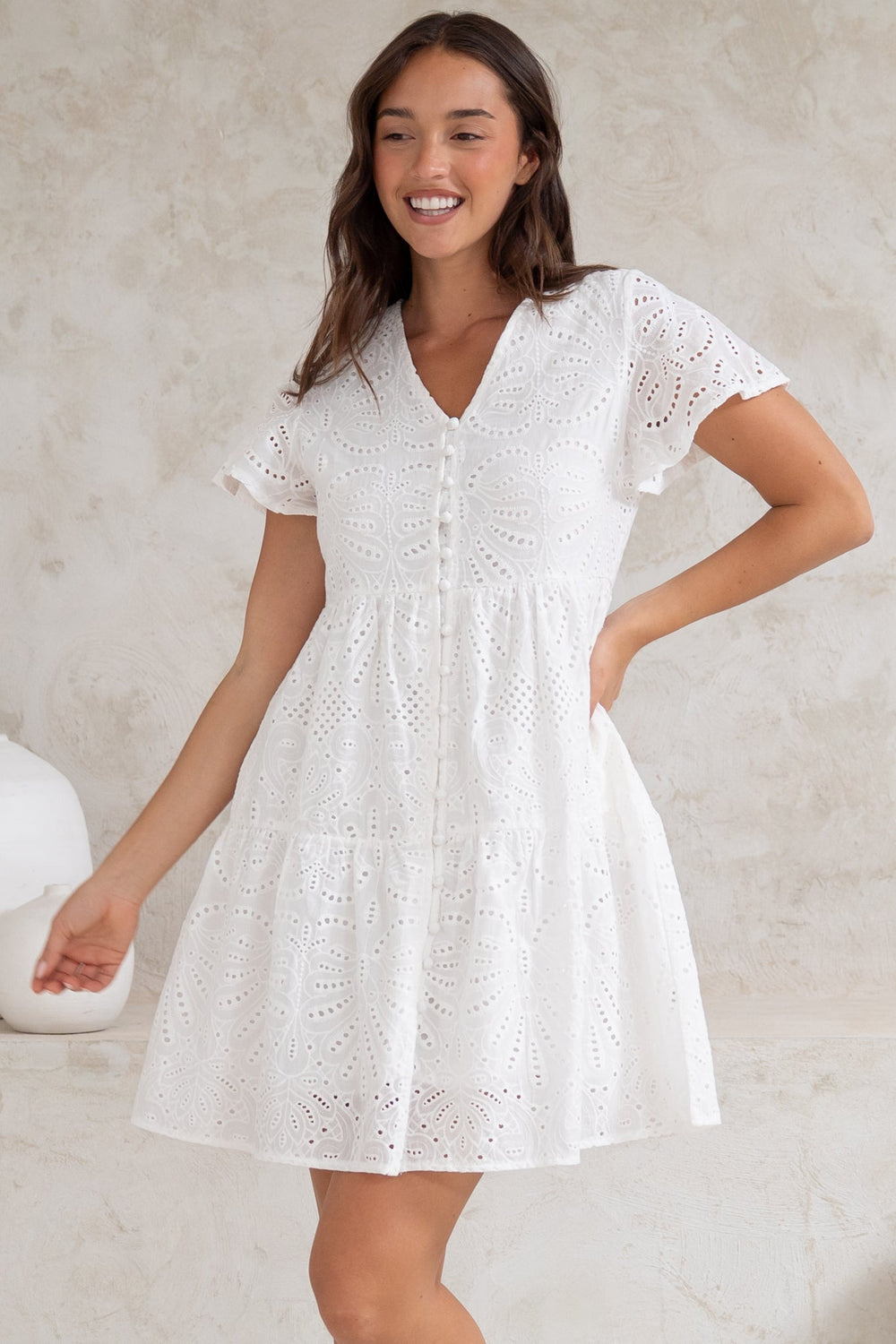 Marcy Mini Dress - Embroidered Button Down Dress with Cap Sleeves in White