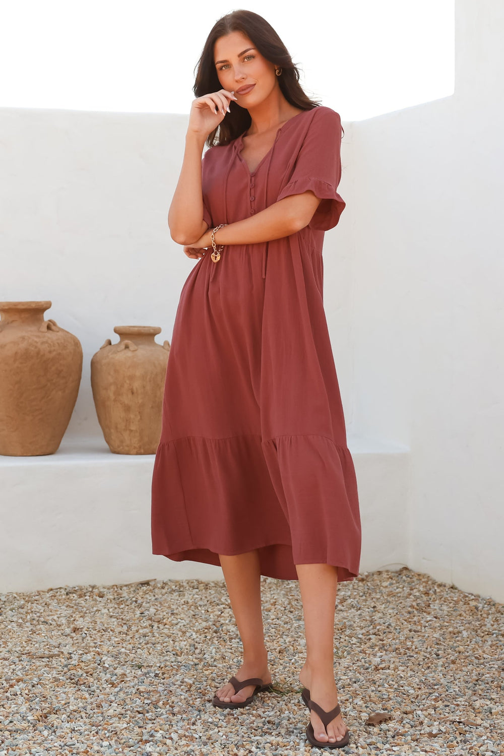 Madalena Midi Dress - Mandarin Collar Buttoned Bodice Smock Dress in Terracotta