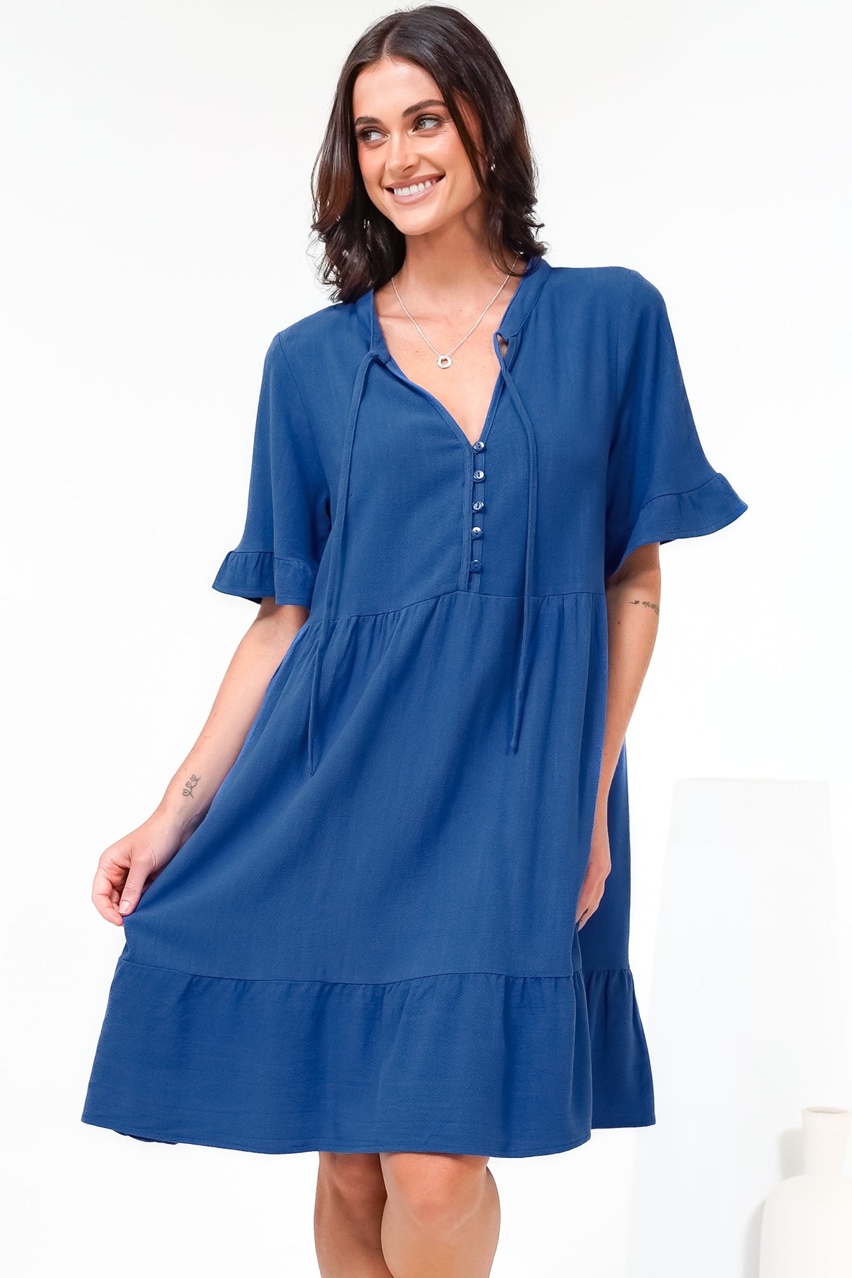 Madalena Mini Dress - Mandarin Collar Buttoned Bodice Smock Dress in Blue