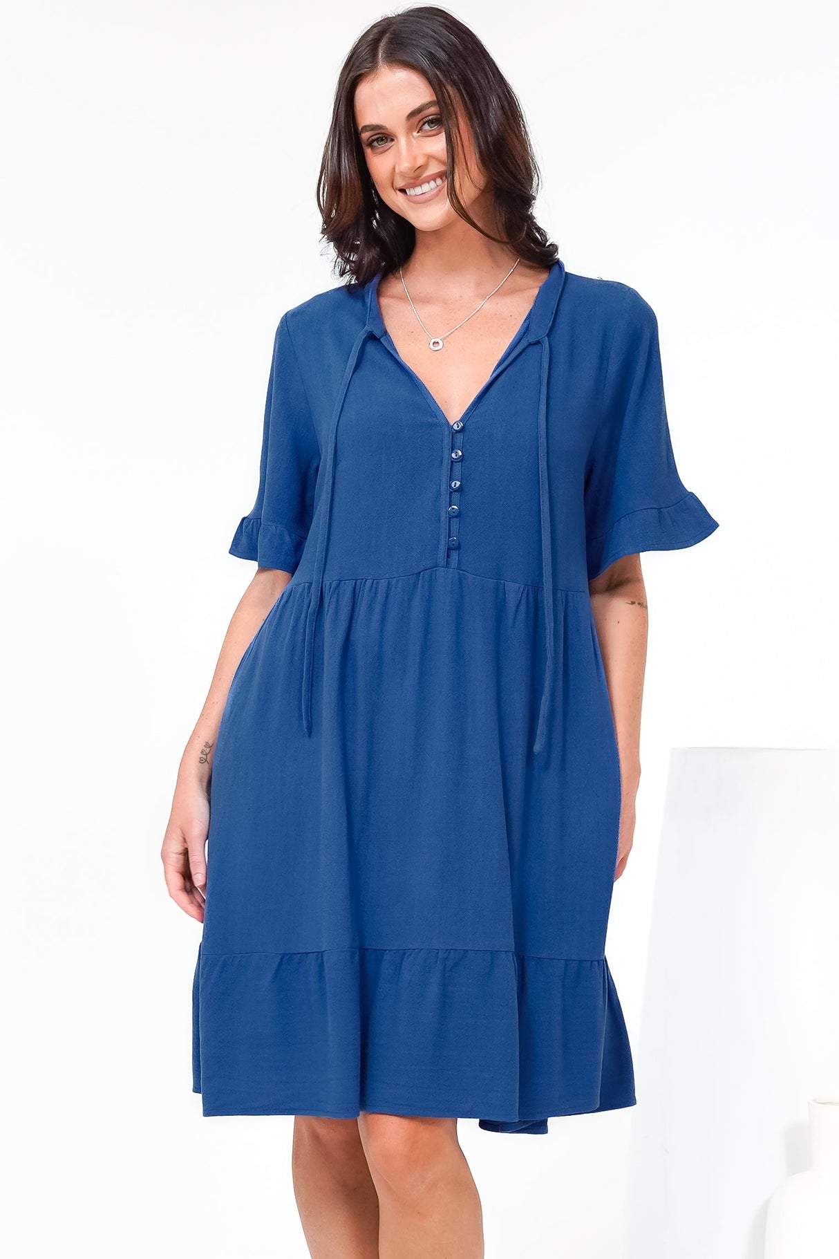 Madalena Mini Dress - Mandarin Collar Buttoned Bodice Smock Dress in Blue