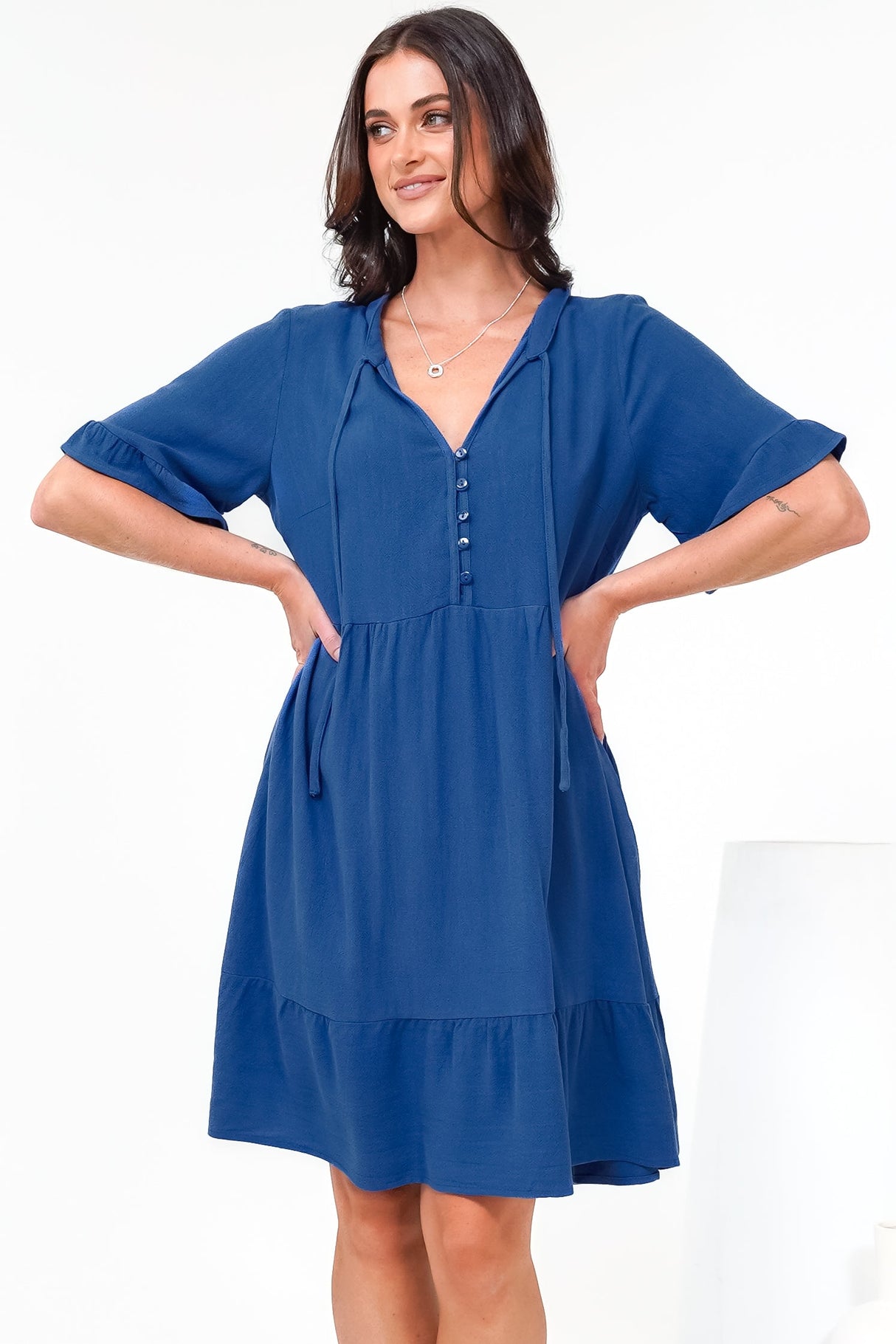 Madalena Mini Dress - Mandarin Collar Buttoned Bodice Smock Dress in Blue