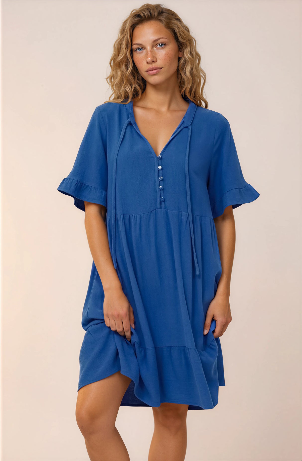 Madalena Mini Dress - Mandarin Collar Buttoned Bodice Smock Dress in Blue