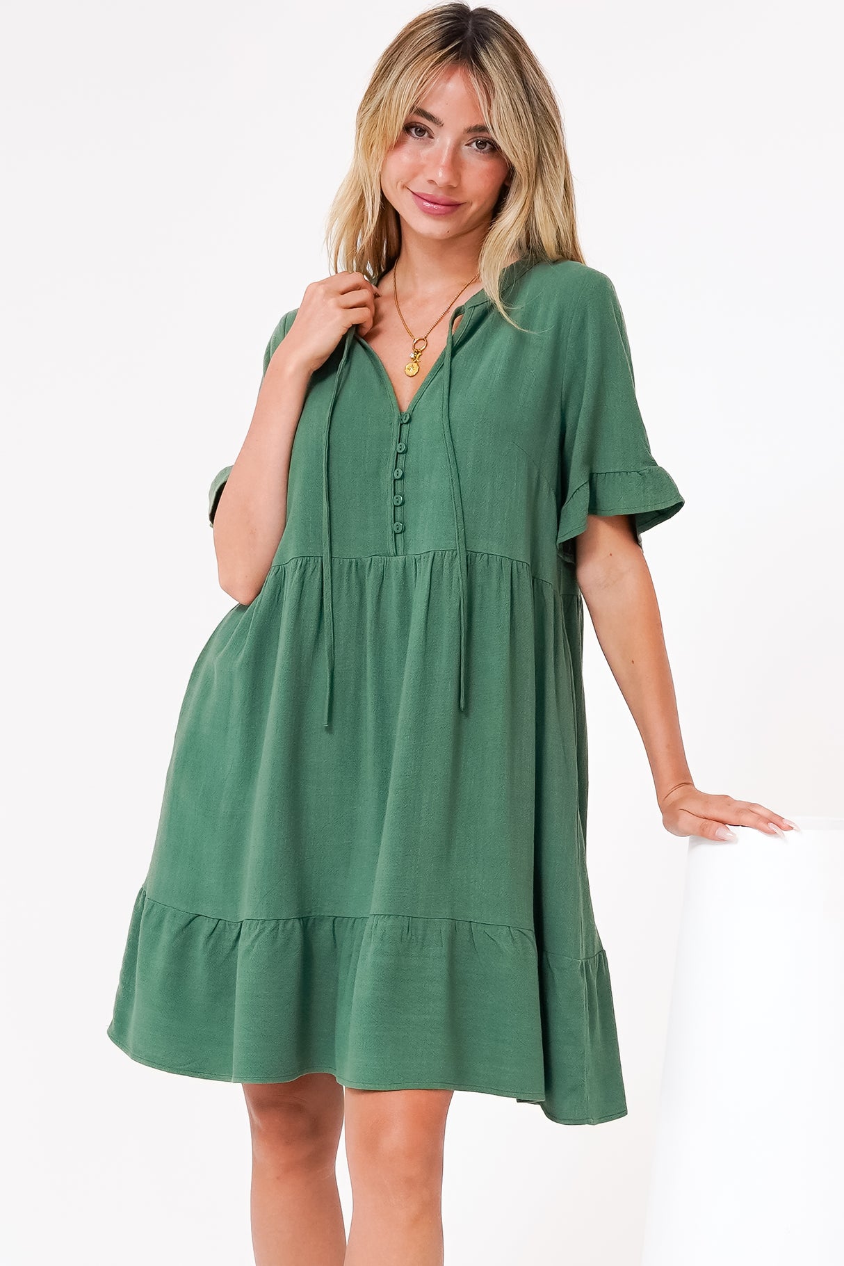 Madalena Mini Dress - Mandarin Collar Buttoned Bodice Smock Dress in Green
