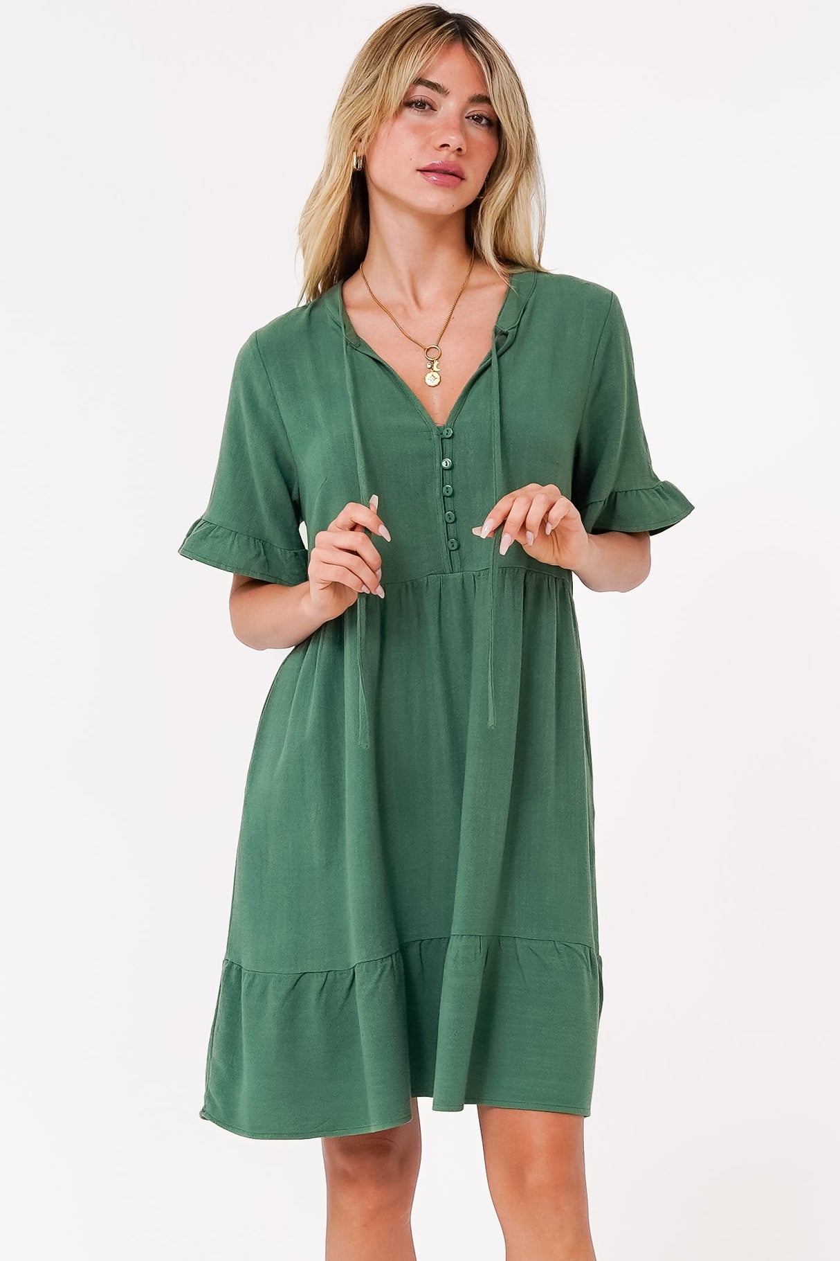 Madalena Mini Dress - Mandarin Collar Buttoned Bodice Smock Dress in Green