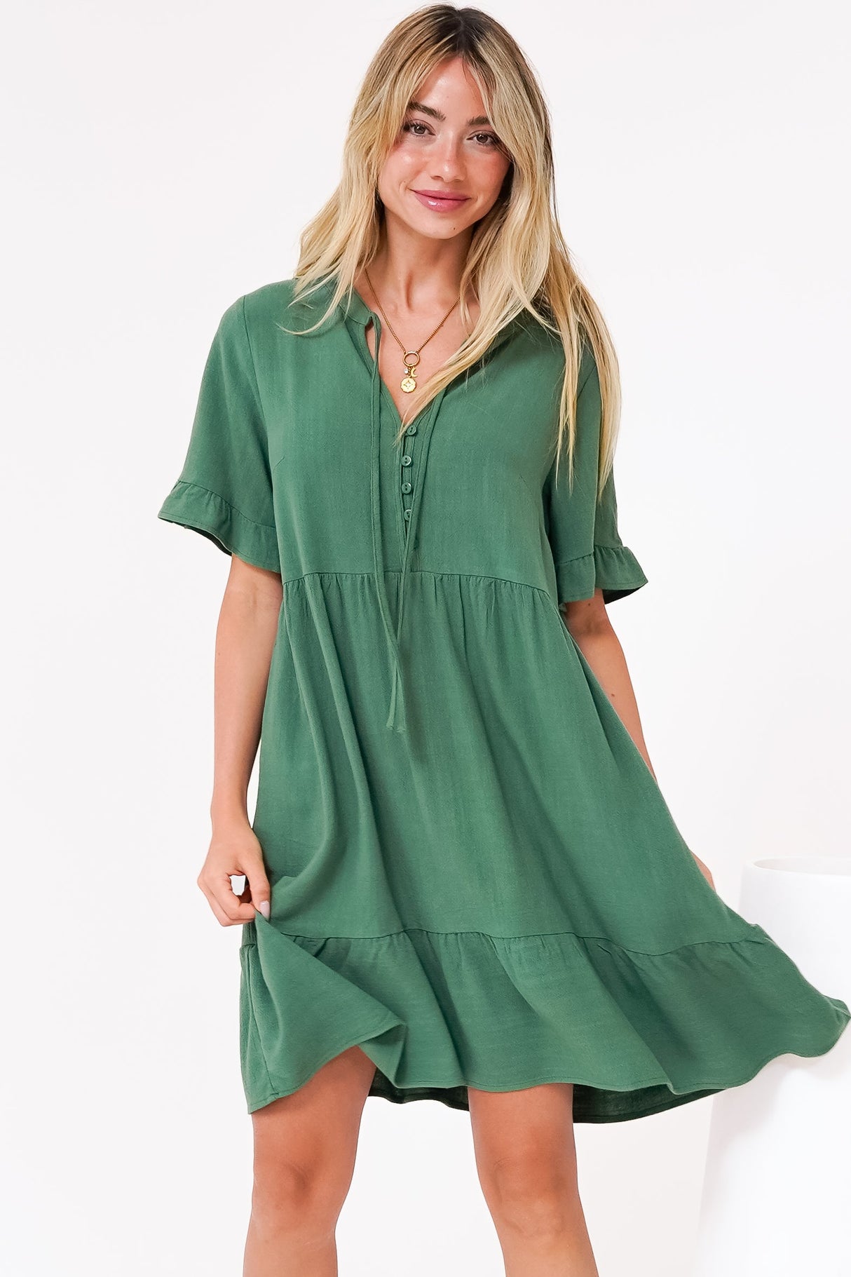 Madalena Mini Dress - Mandarin Collar Buttoned Bodice Smock Dress in Green