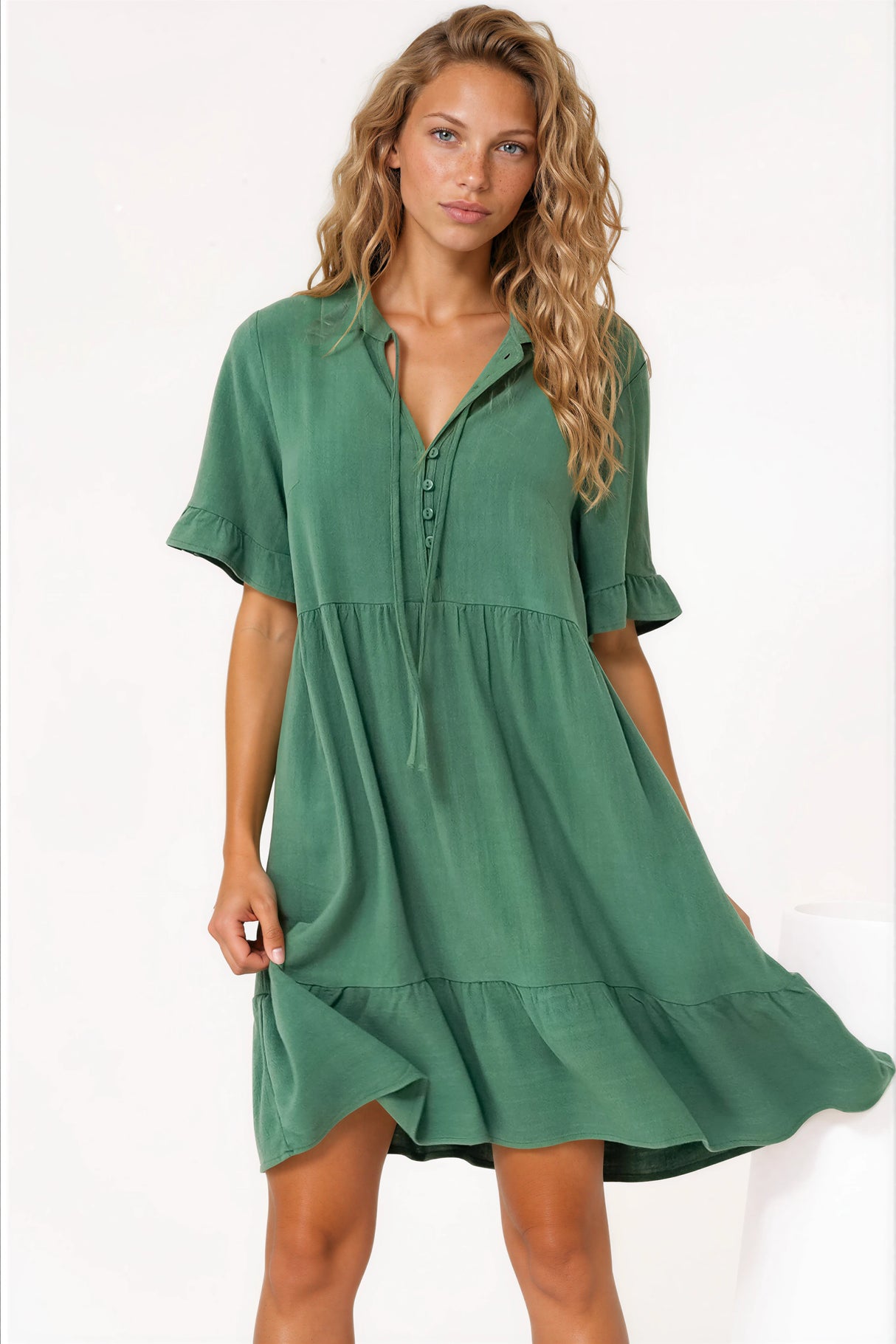Madalena Mini Dress - Mandarin Collar Buttoned Bodice Smock Dress in Green