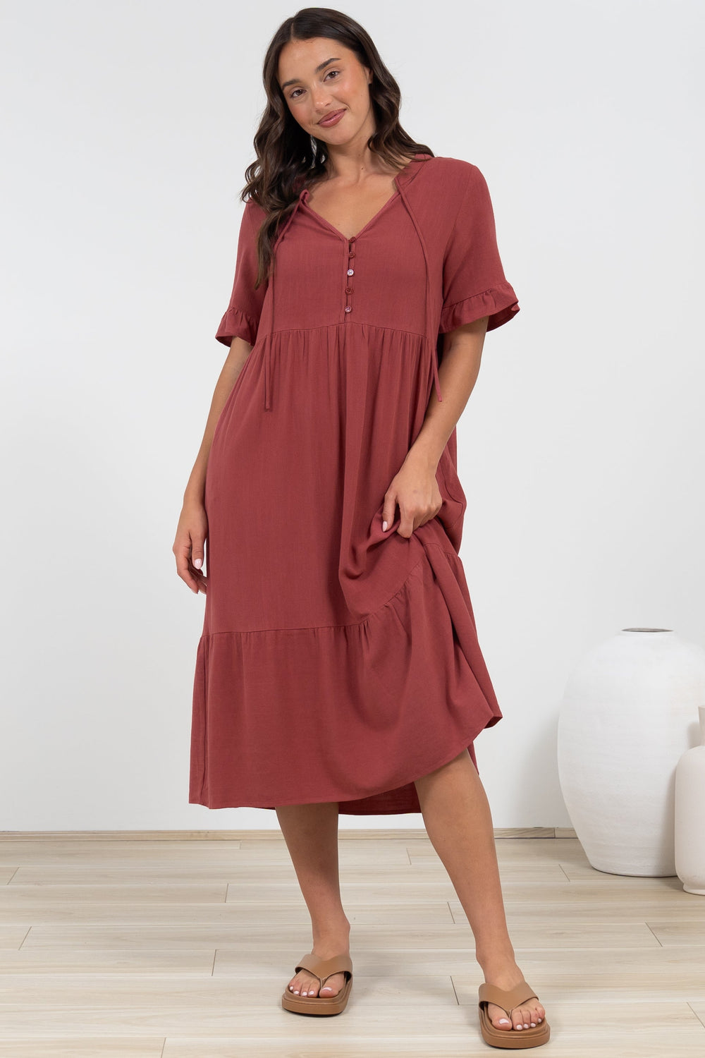 Madalena Midi Dress - Mandarin Collar Buttoned Bodice Smock Dress in Terracotta