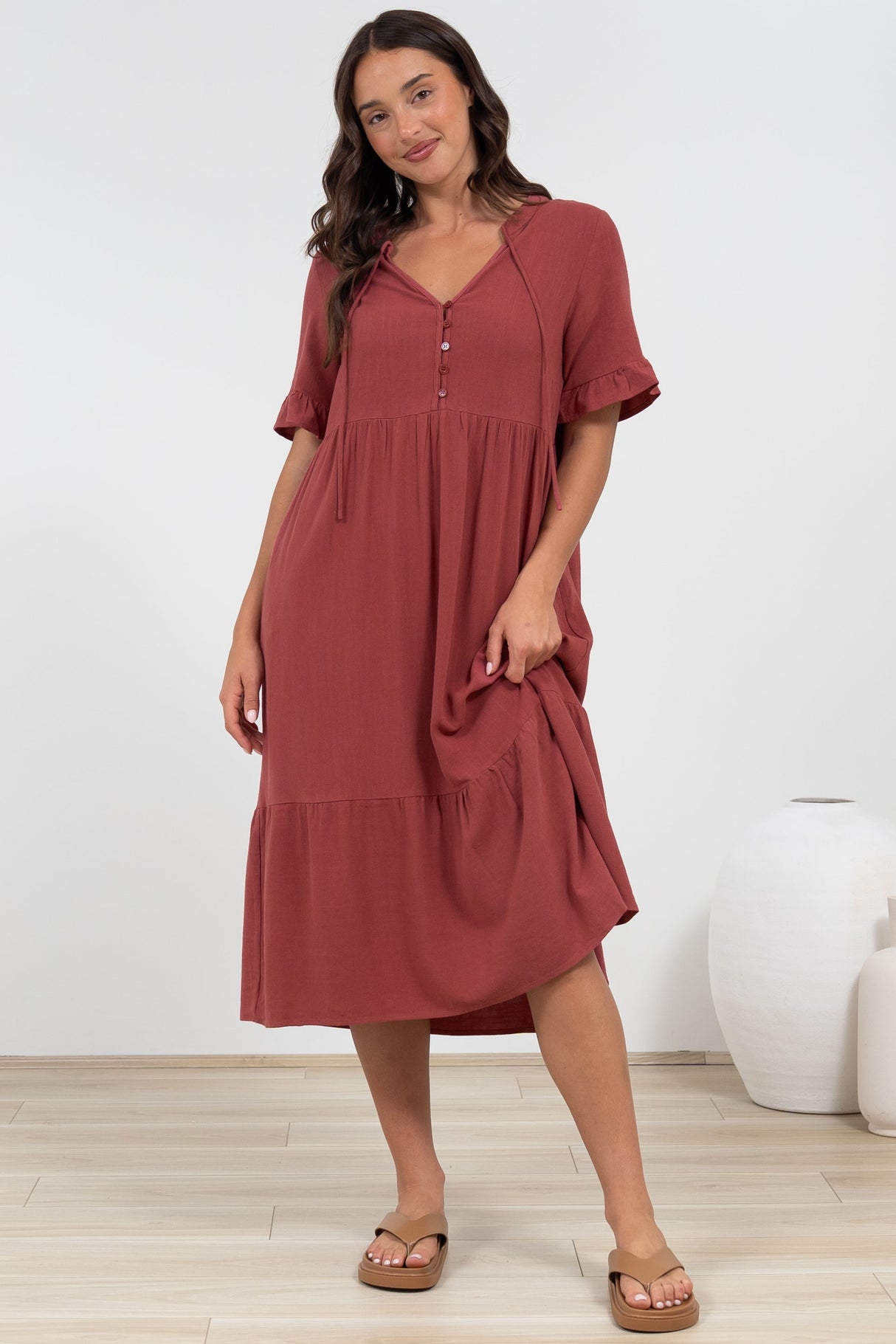 Madalena Midi Dress - Mandarin Collar Buttoned Bodice Smock Dress in Terracotta