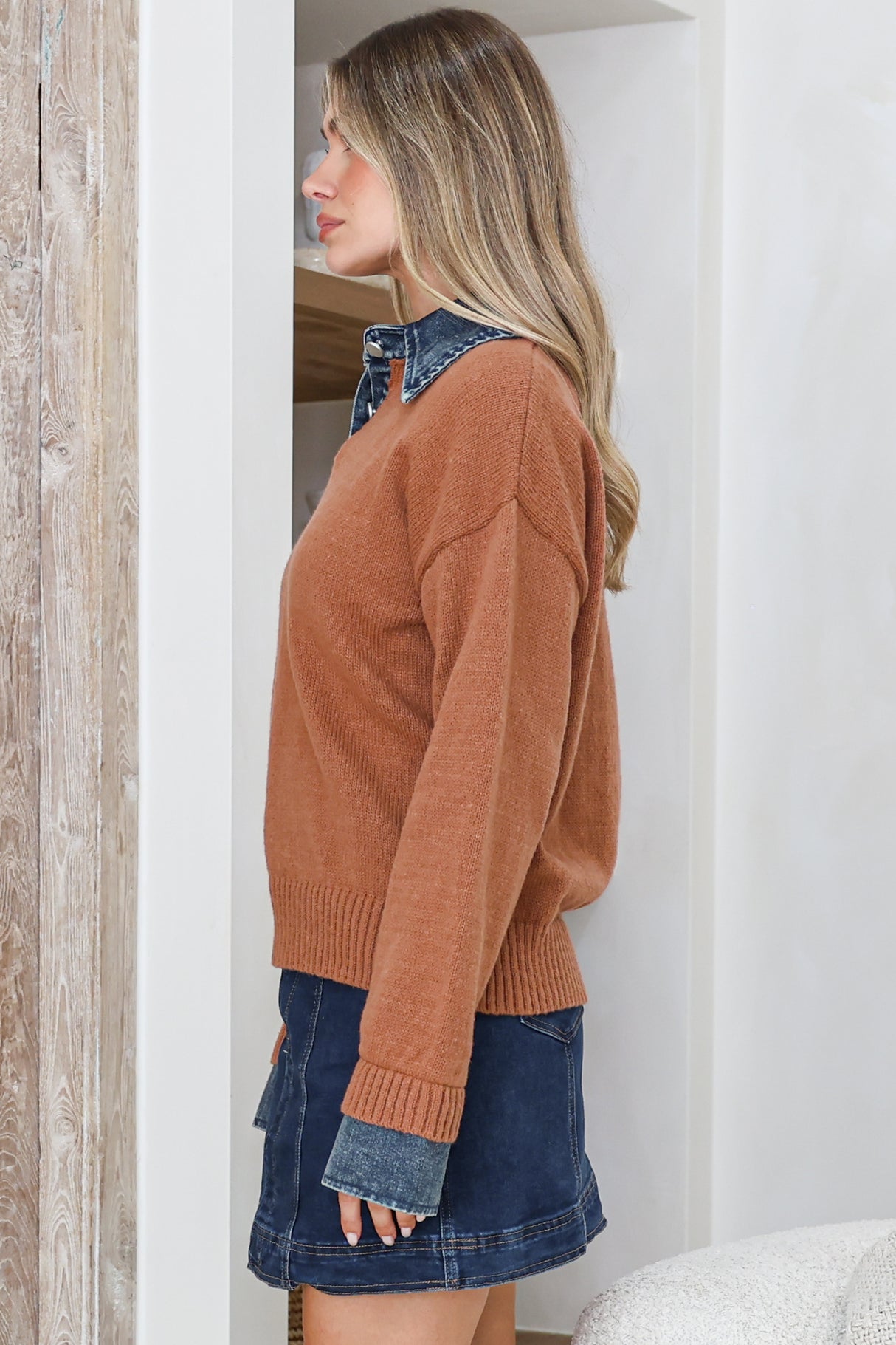 Maddie Jumper - Denim Wing Collar and Cuff Knit Pullover in Tan