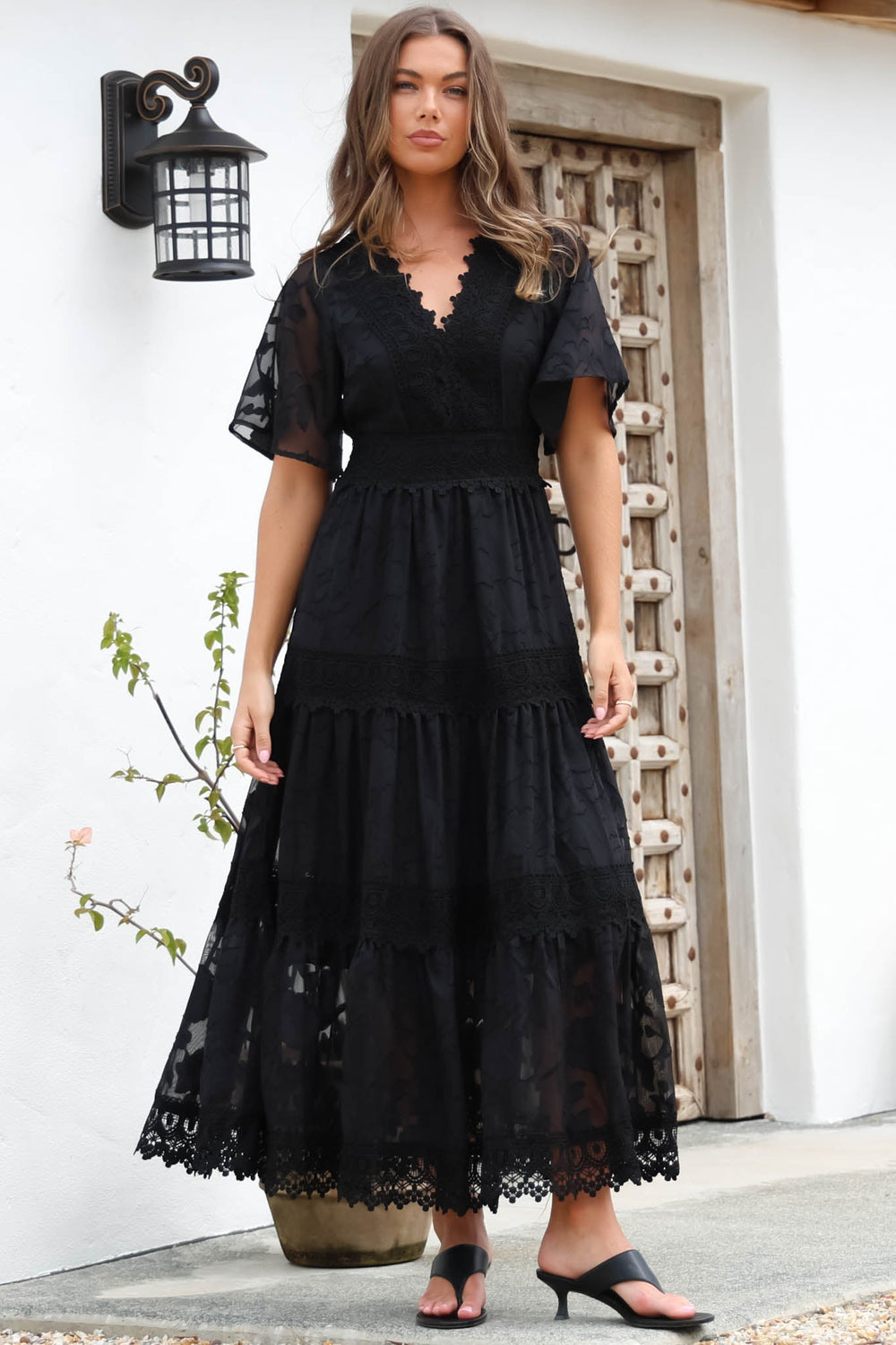 Madeline Maxi Dress - Lace Trim Embroidered A Line Dress in Black
