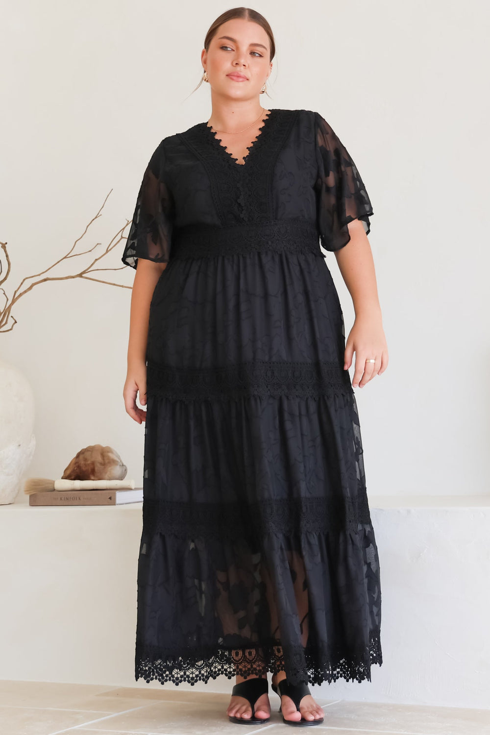 Madeline Maxi Dress - Lace Trim Embroidered A Line Dress in Black