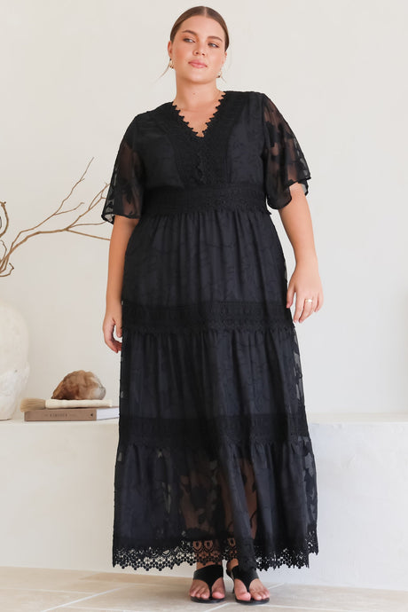 Madeline Maxi Dress - Lace Trim Embroidered A Line Dress in Black