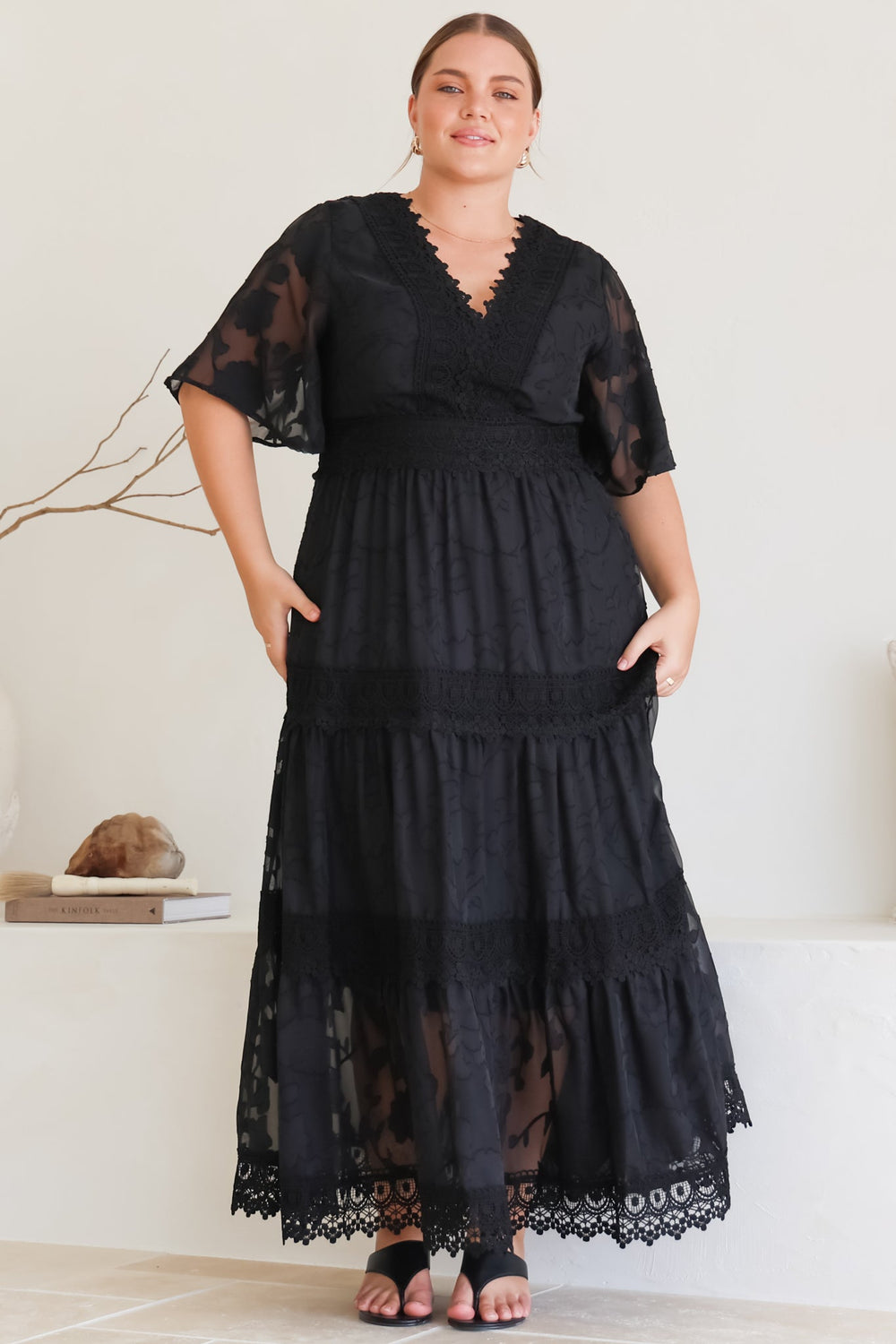 Madeline Maxi Dress - Lace Trim Embroidered A Line Dress in Black