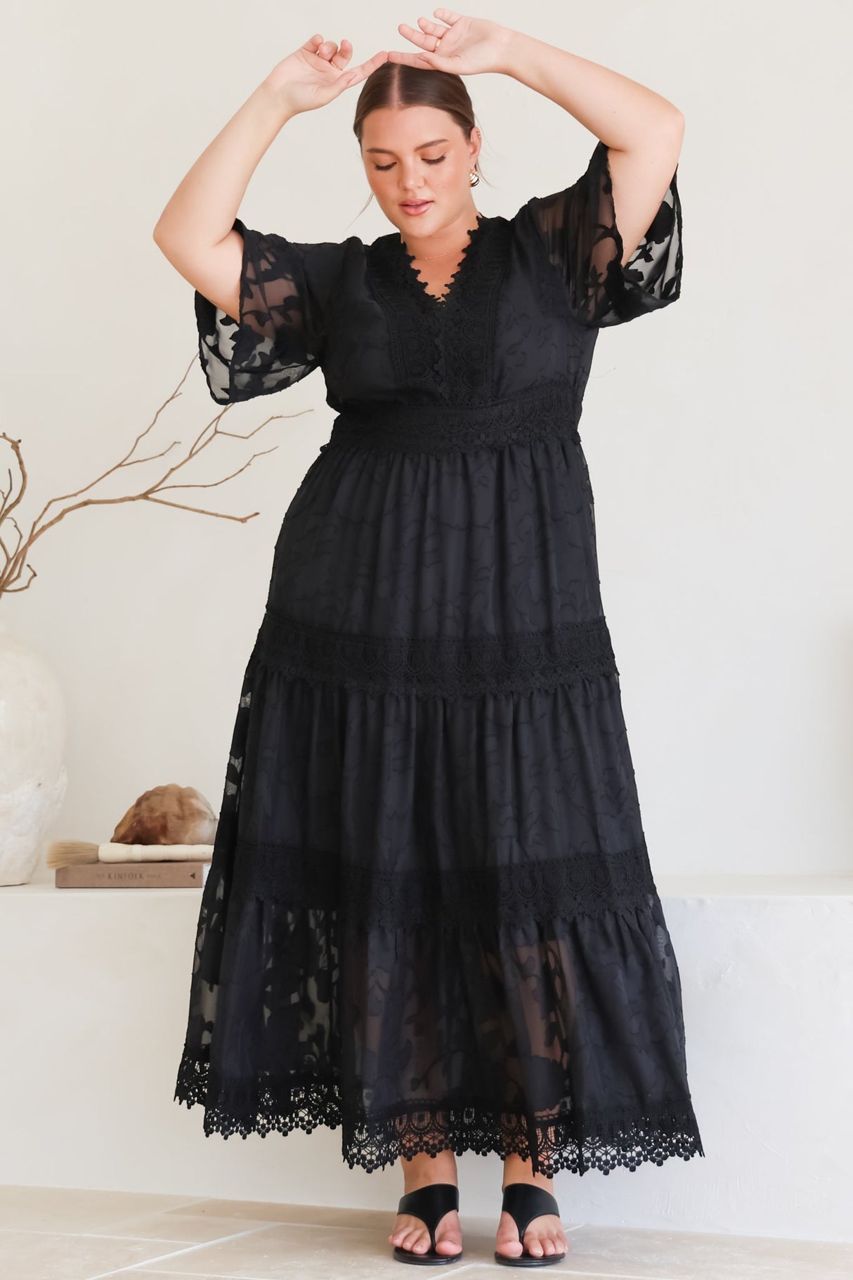 Madeline Maxi Dress - Lace Trim Embroidered A Line Dress in Black
