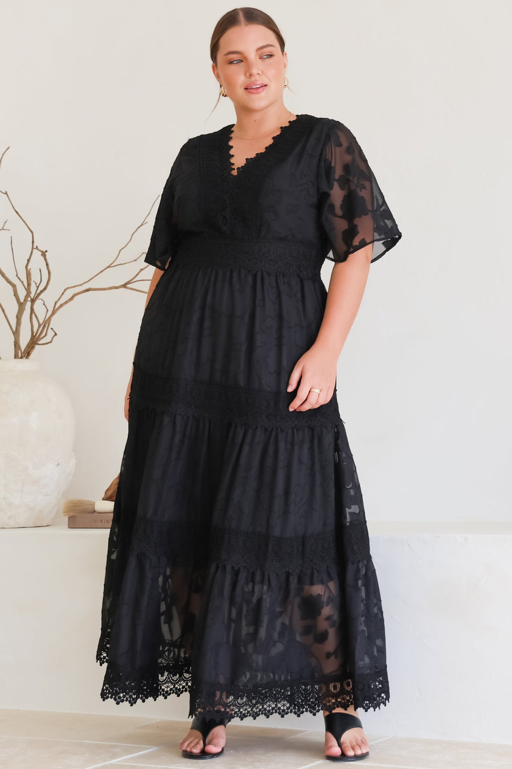 Madeline Maxi Dress - Lace Trim Embroidered A Line Dress in Black