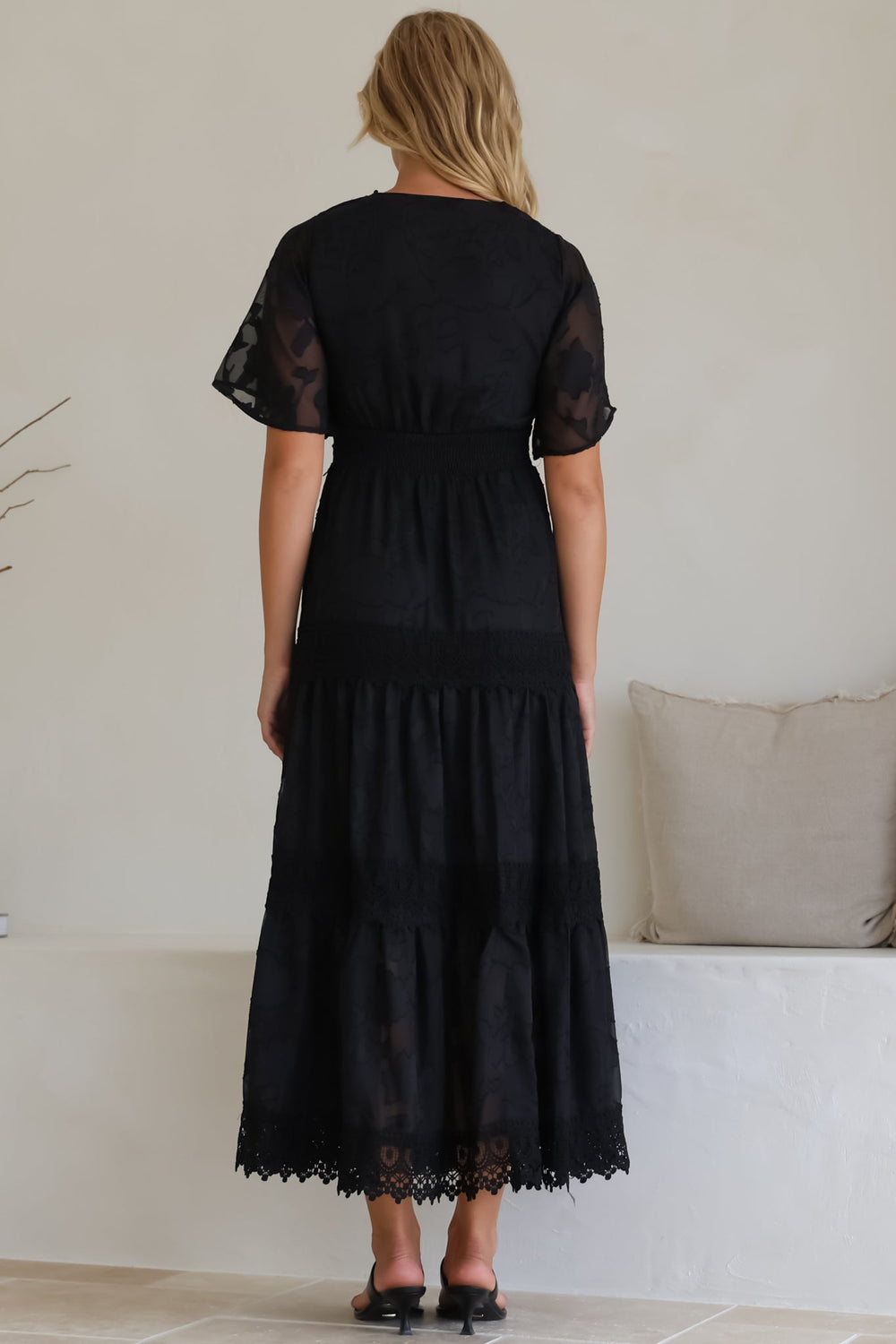 Madeline Maxi Dress - Lace Trim Embroidered A Line Dress in Black